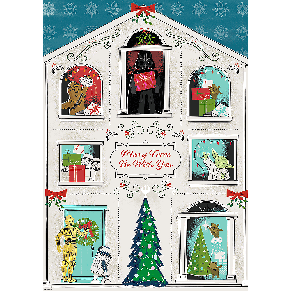 Star Wars-Weihnachtsszene im Haus mit Darth Vader, Yoda und C-3PO zwischen Geschenken und Tannenbäumen.