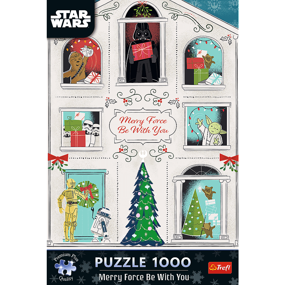 Star Wars Weihnachtspuzzle mit Charakteren wie Vader und Yoda in Fenstern.