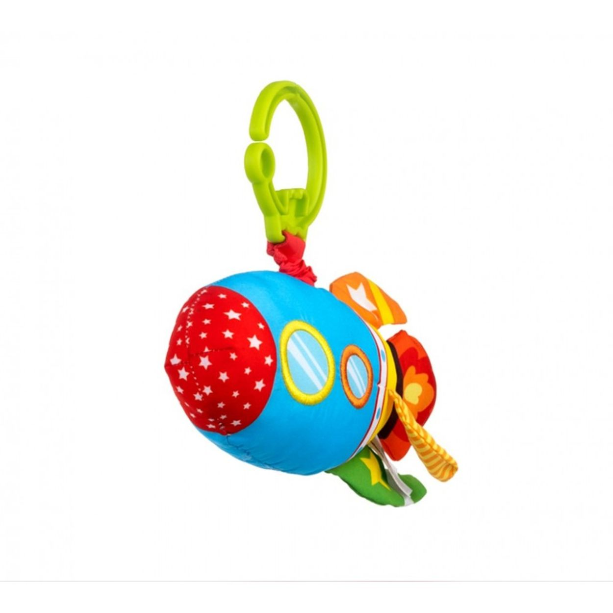 Ein buntes Plüsch-Raketen-Babyspielzeug mit grünem Aufhängeclip vor weißem Hintergrund.