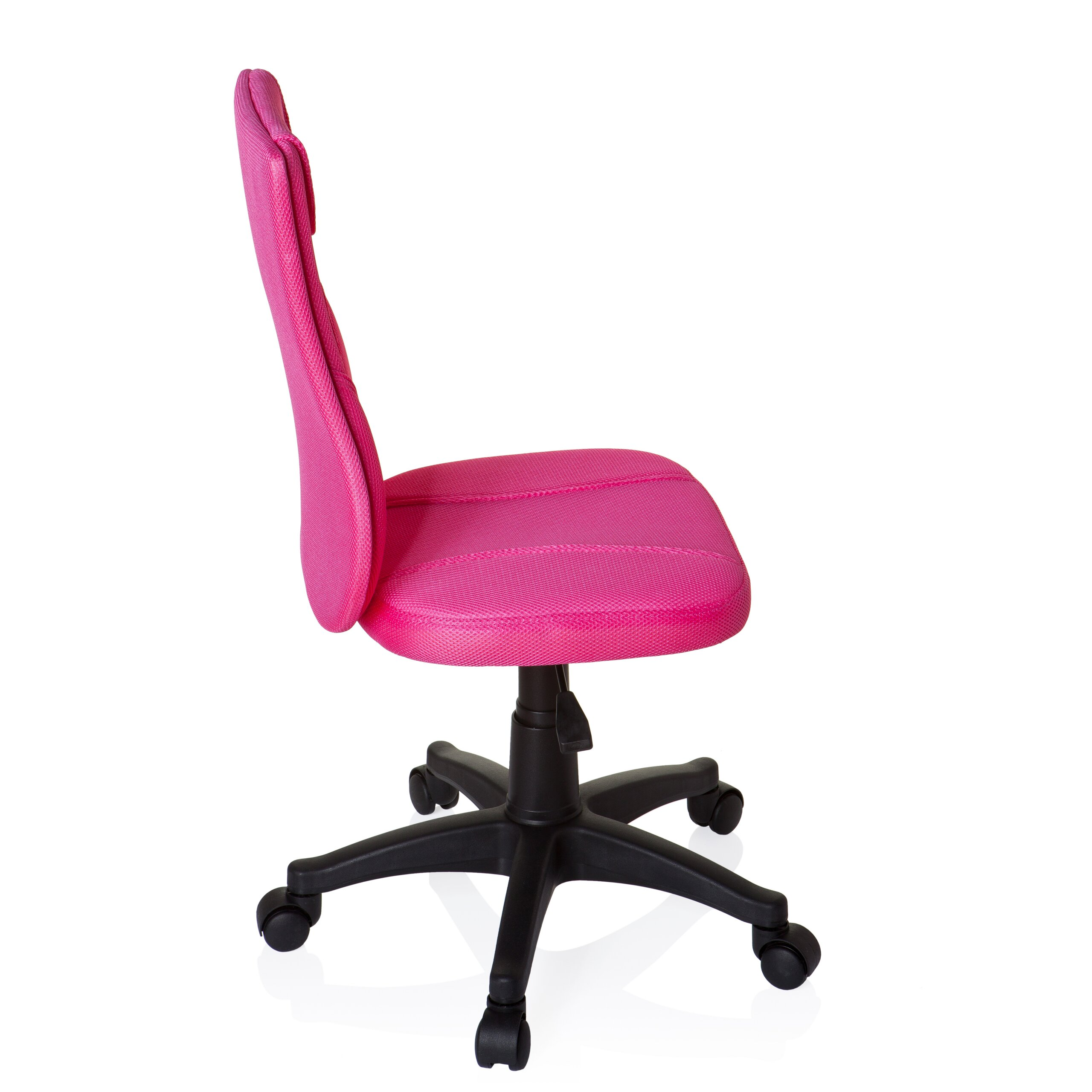 Ein pinker ergonomischer Bürostuhl mit schwarzem Rollengestell auf weißem Grund.
