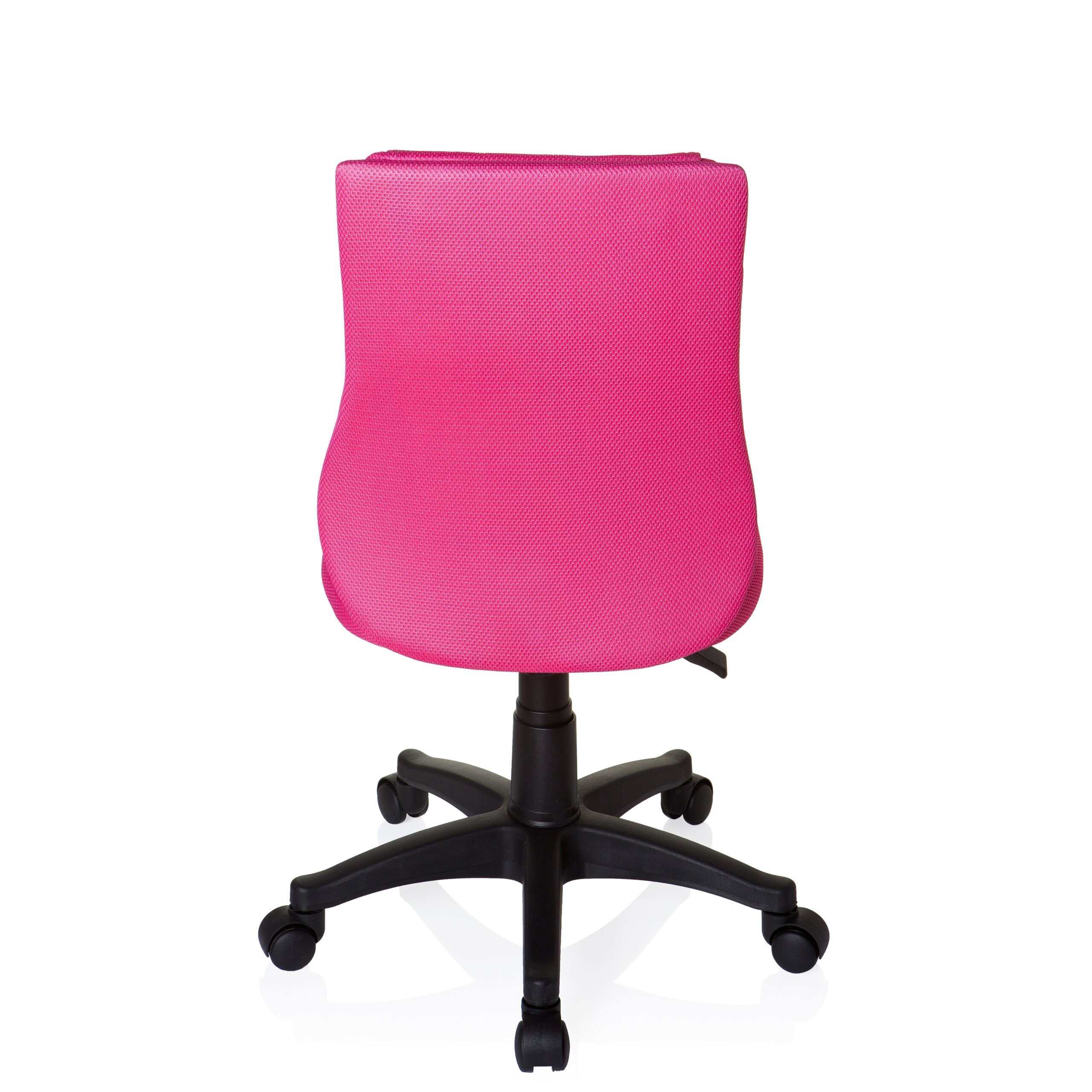 Ein leuchtend pinker Buerostuhl mit schwarzem Gestell und Rollen, isoliert auf weissem Hintergrund, Ansicht von hinten.
