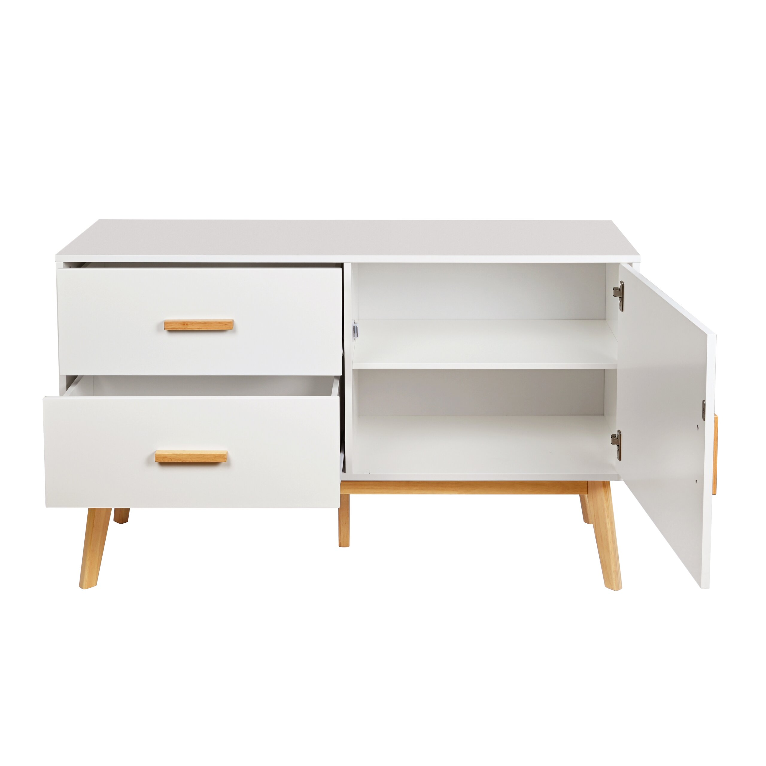 Weißer Schrank mit Holzbeinen und -griffen, zwei Schubladen links und offenem Fach rechts.
