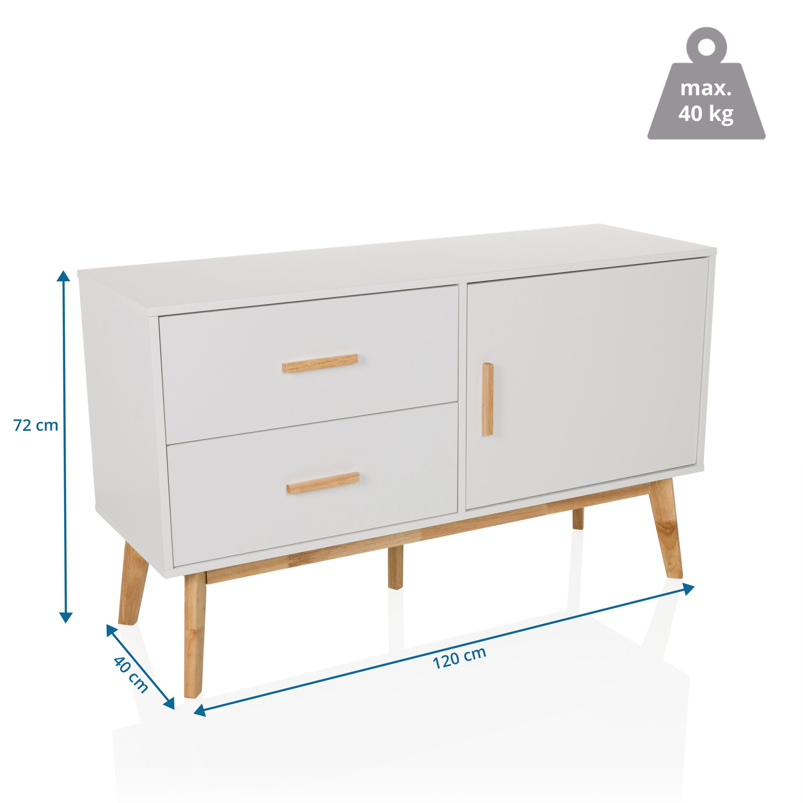 Weißes Sideboard mit Holzakzenten und Maßen von 120x72x40 cm, max. 40 kg belastbar.