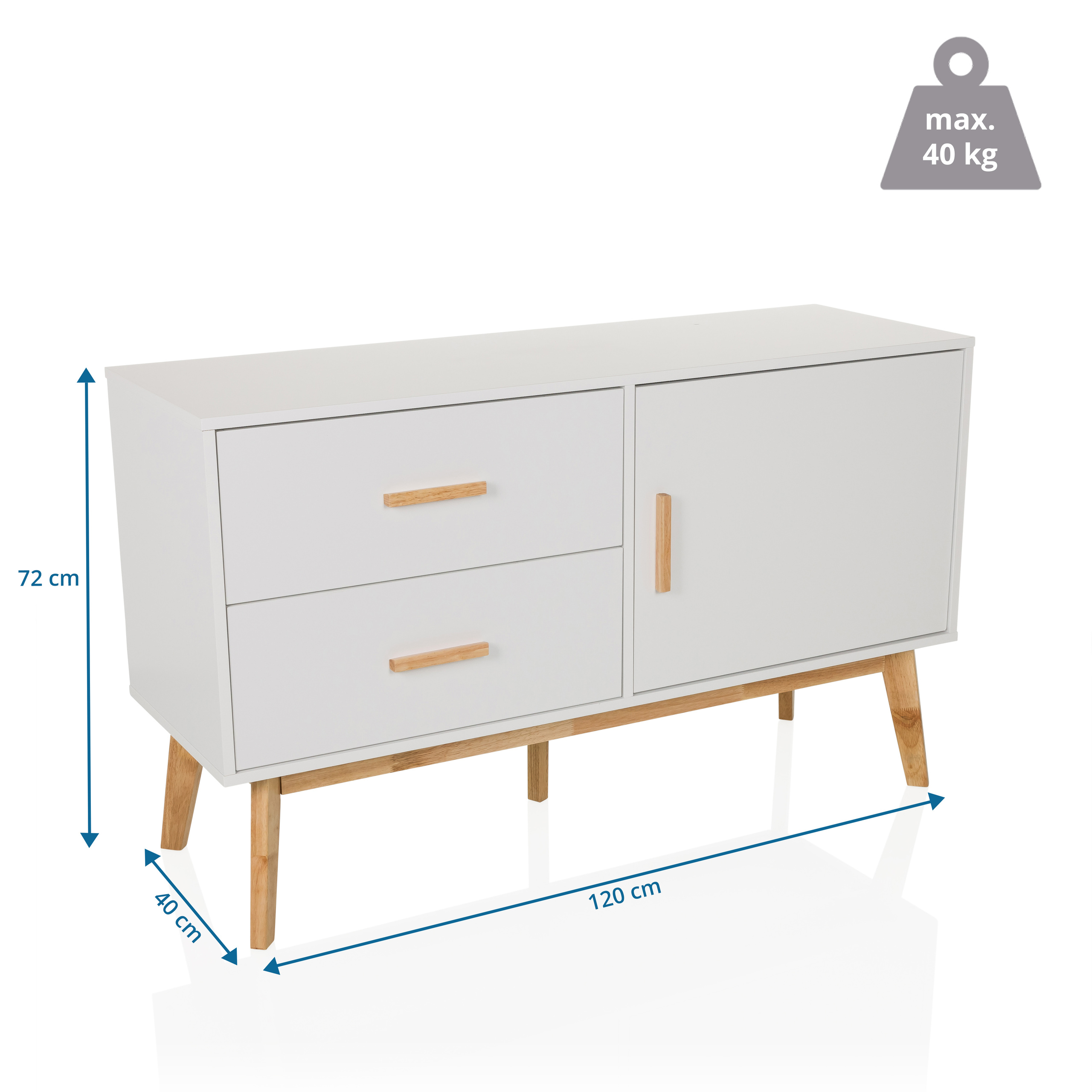 Weißes Sideboard mit Holzbeinen und -griffen, 120x40x72 cm groß, max. 40 kg belastbar.