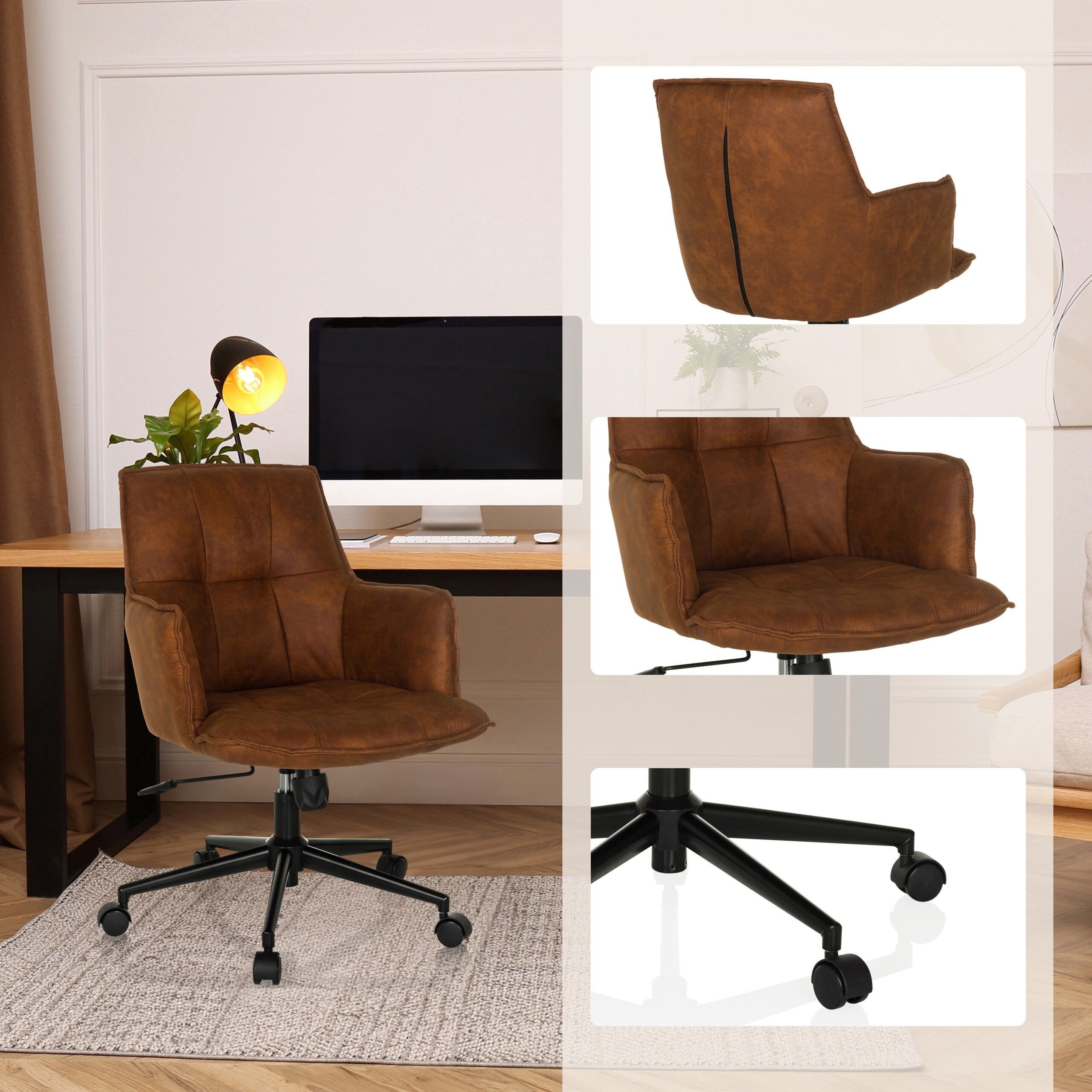 Brauner Drehstuhl in einem Büro, mit Detailansichten von Rückenlehne, Sitzfläche und Rollen.
