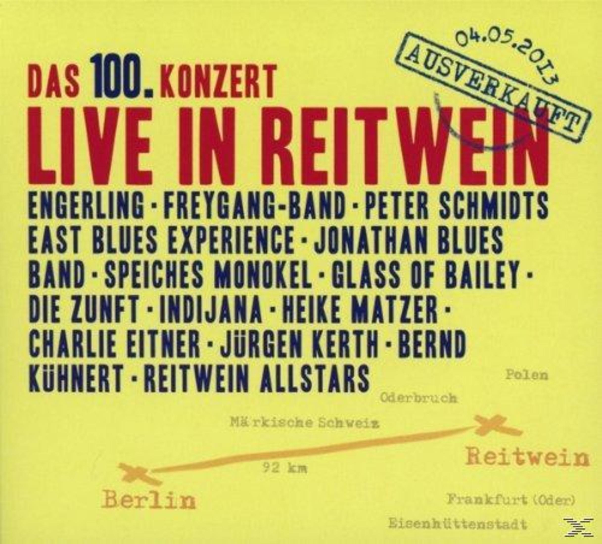Gelbes Konzertplakat mit roter und schwarzer Schrift für die 100. Live-Show in Reitwein am 04.05.2013.