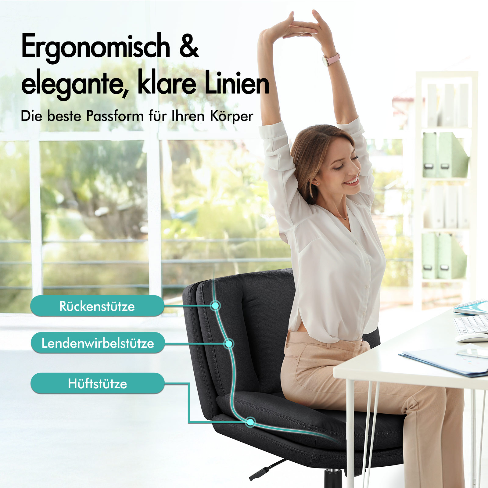 Frau sitzt in ergonomischem Bürostuhl und streckt sich, mit Beschriftungen für Rücken-, Lenden- und Hüftstütze.