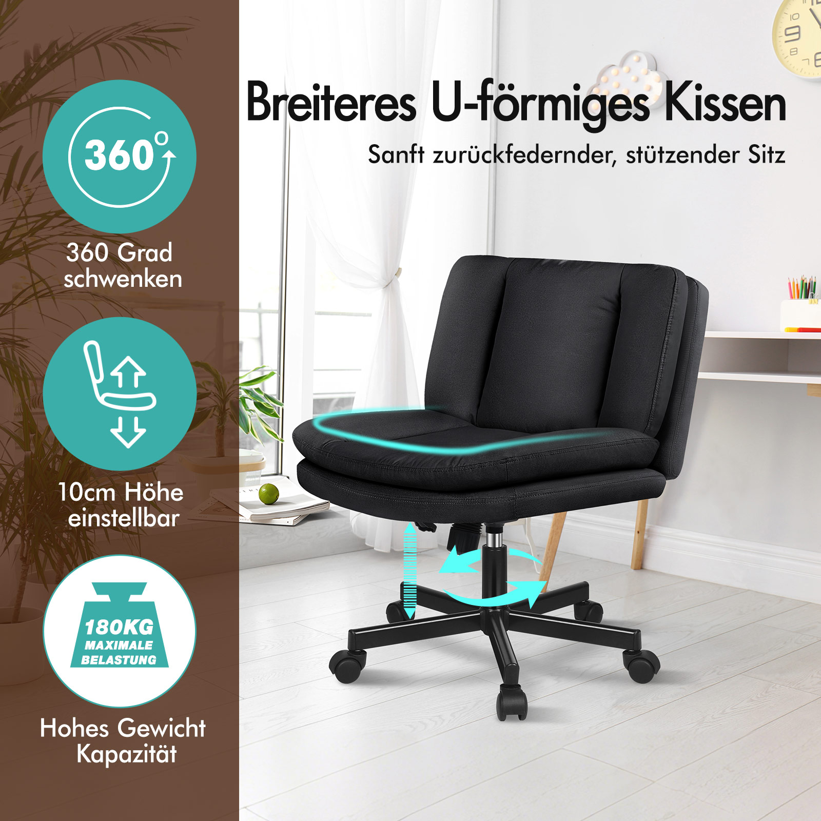 Ein schwarzer Buerostuhl mit Rollen und Infografiken zu 360-Grad-Drehung, Hoehenverstellung und Belastbarkeit.