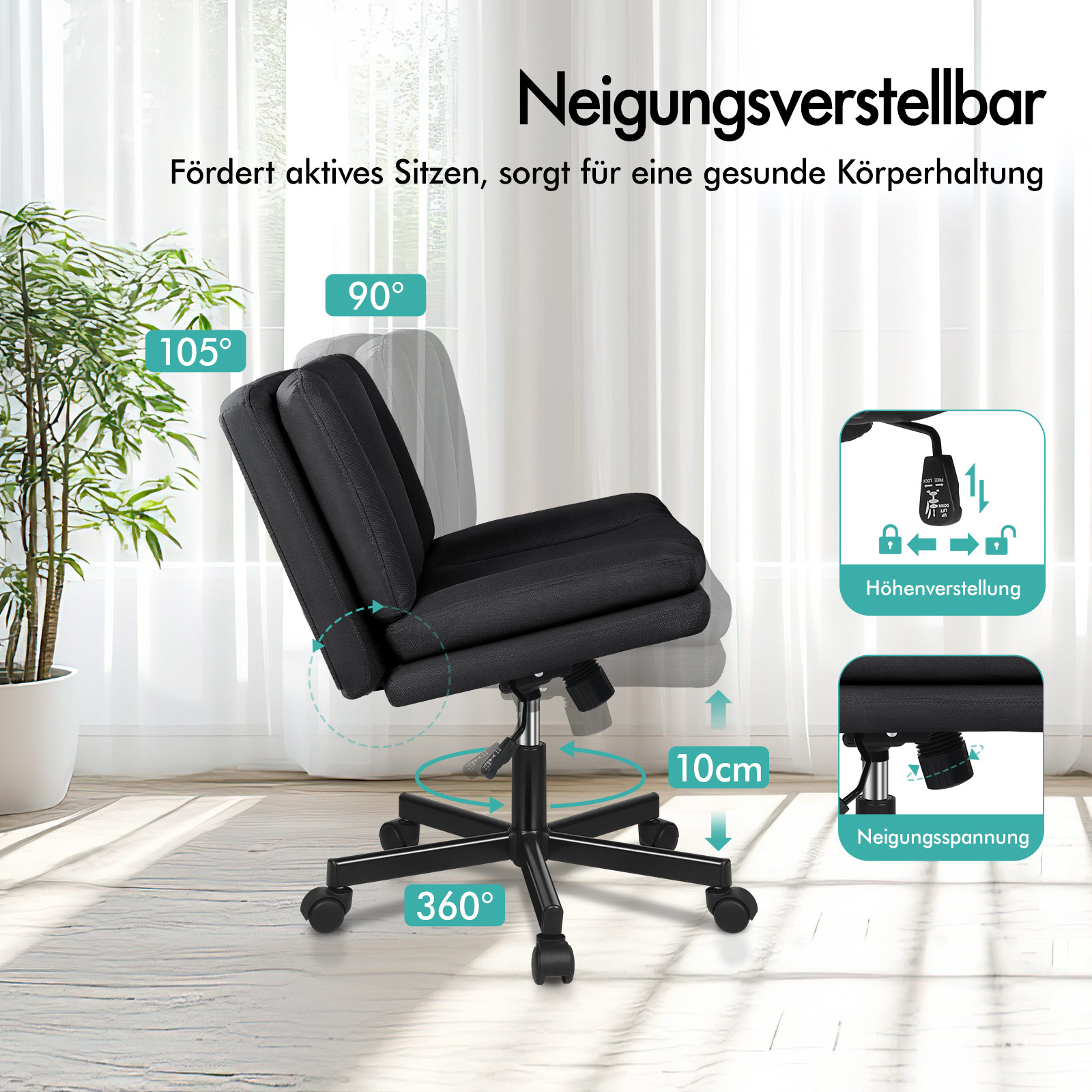 Schwarzer ergonomischer Buerostuhl mit verstellbarer Hoehe und Neigung.