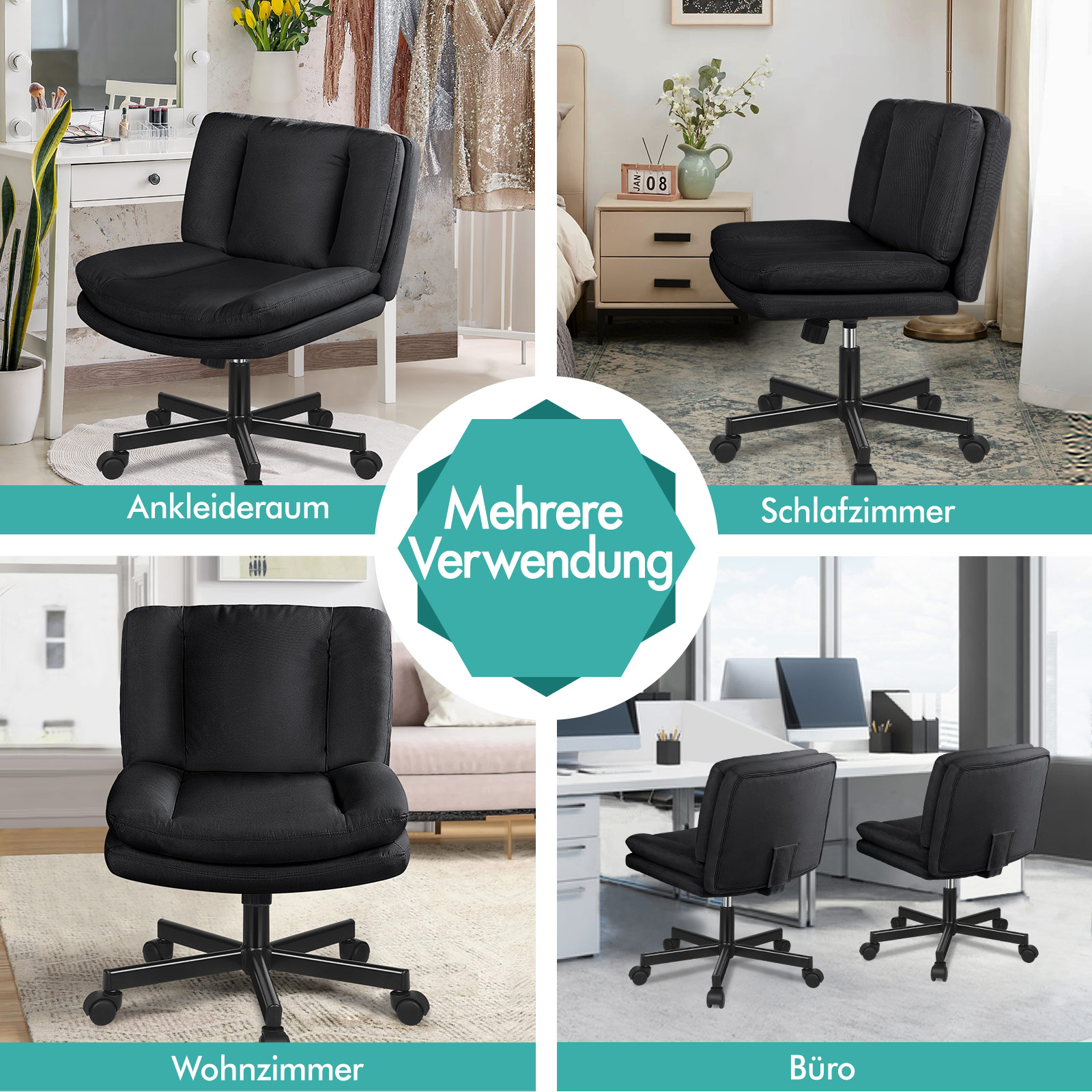 Ein schwarzer Bürostuhl, gezeigt in Ankleidezimmer, Schlafzimmer, Wohnzimmer und Büro, betont vielseitige Nutzung.