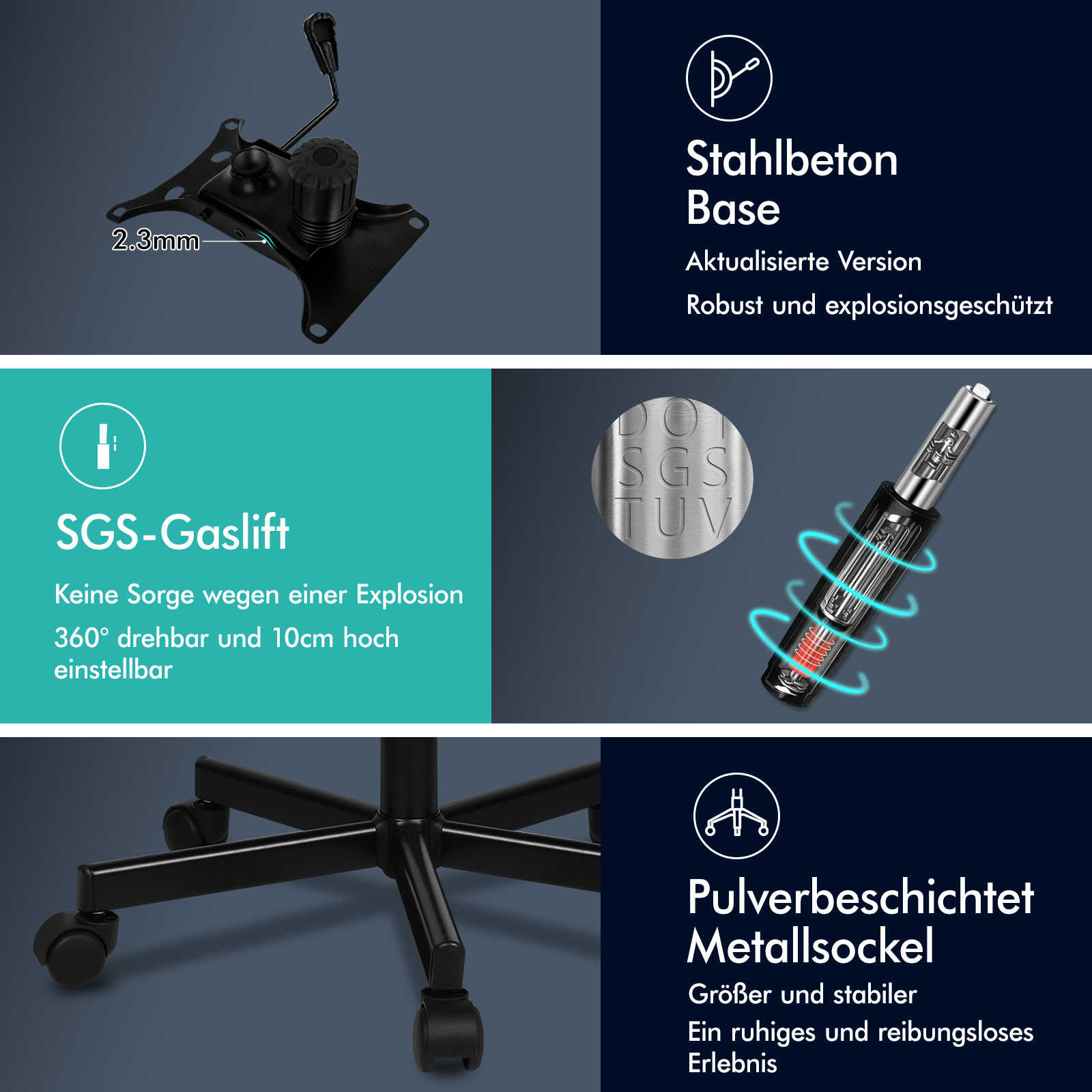 Produktmerkmale eines Bürostuhls: Stahlbeton-Basis, SGS-Gaslift und pulverbeschichteter Metallsockel mit Rollen.
