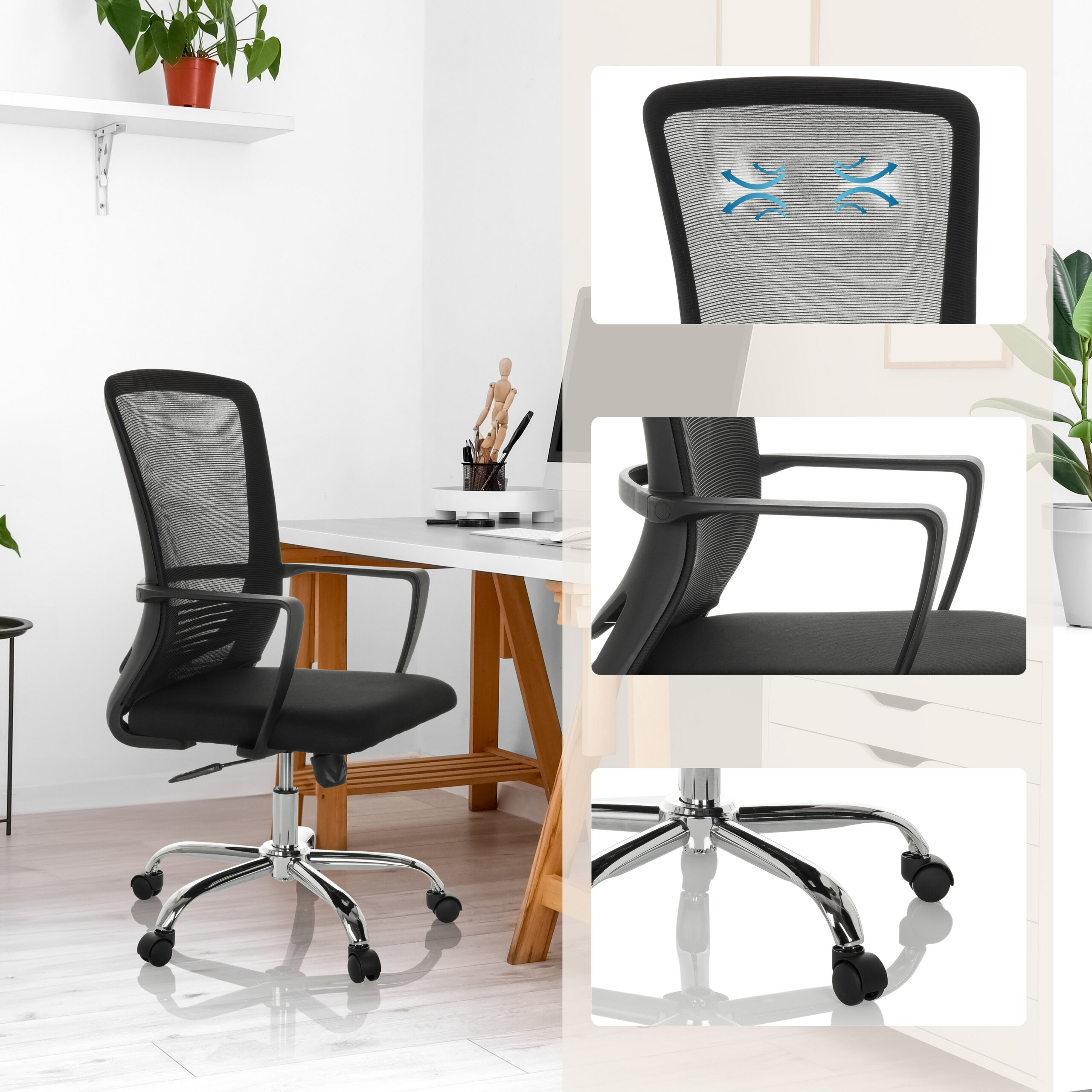 Ein schwarzer Schreibtischstuhl mit Netzrückenlehne in einem modernen Büro, mit Detailansichten von Rücken, Armlehne und Rollen.