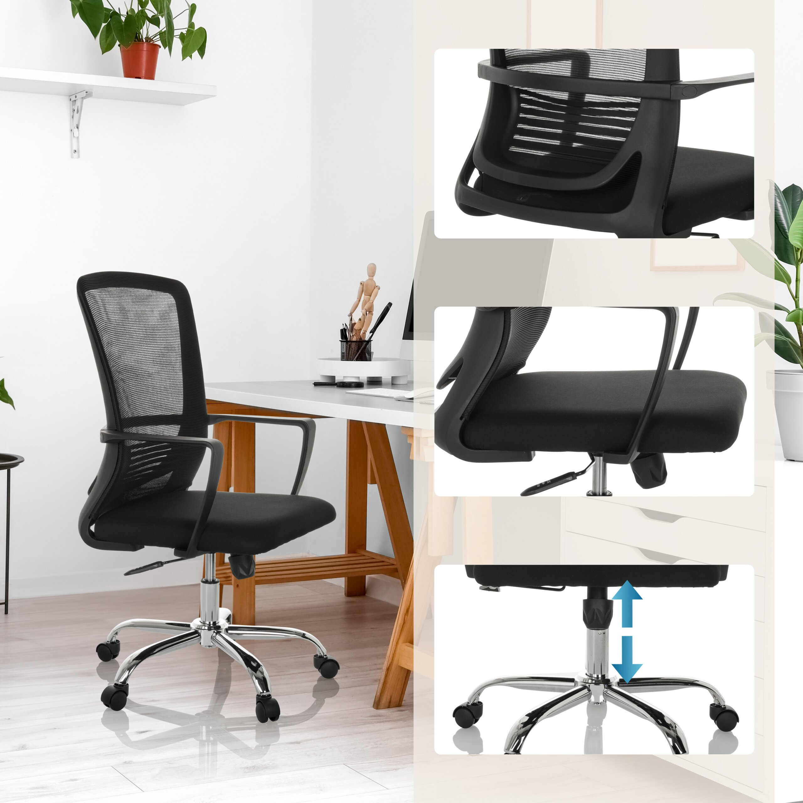 Ein schwarzer Netz-Bürostuhl in einem hellen Raum, mit Nahaufnahmen von Rückenlehne, Sitz und verstellbarer Höhe.