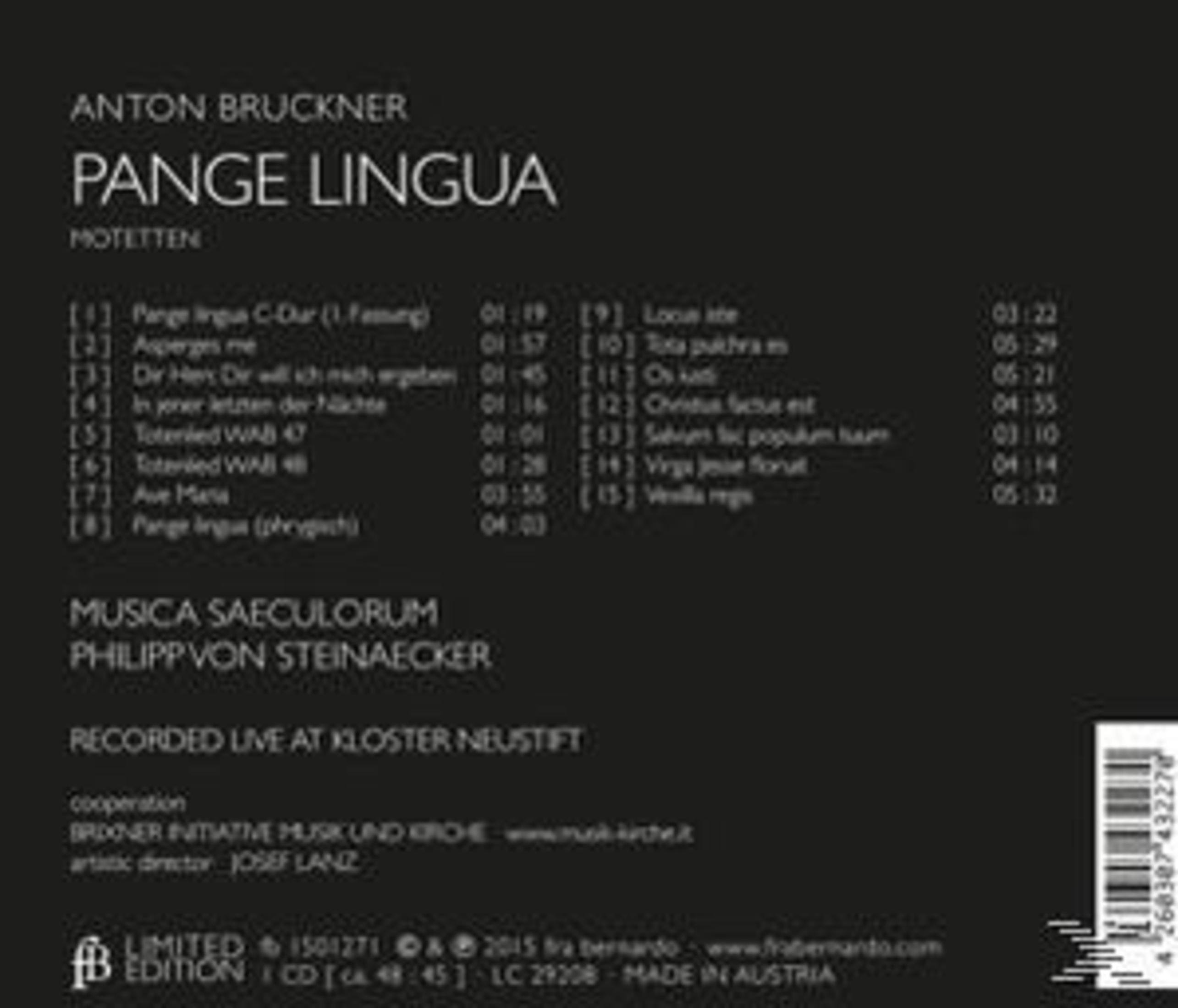 Rückseite eines Musik-CD-Covers mit Tracklist von Anton Bruckners Pange Lingua auf schwarzem Hintergrund.