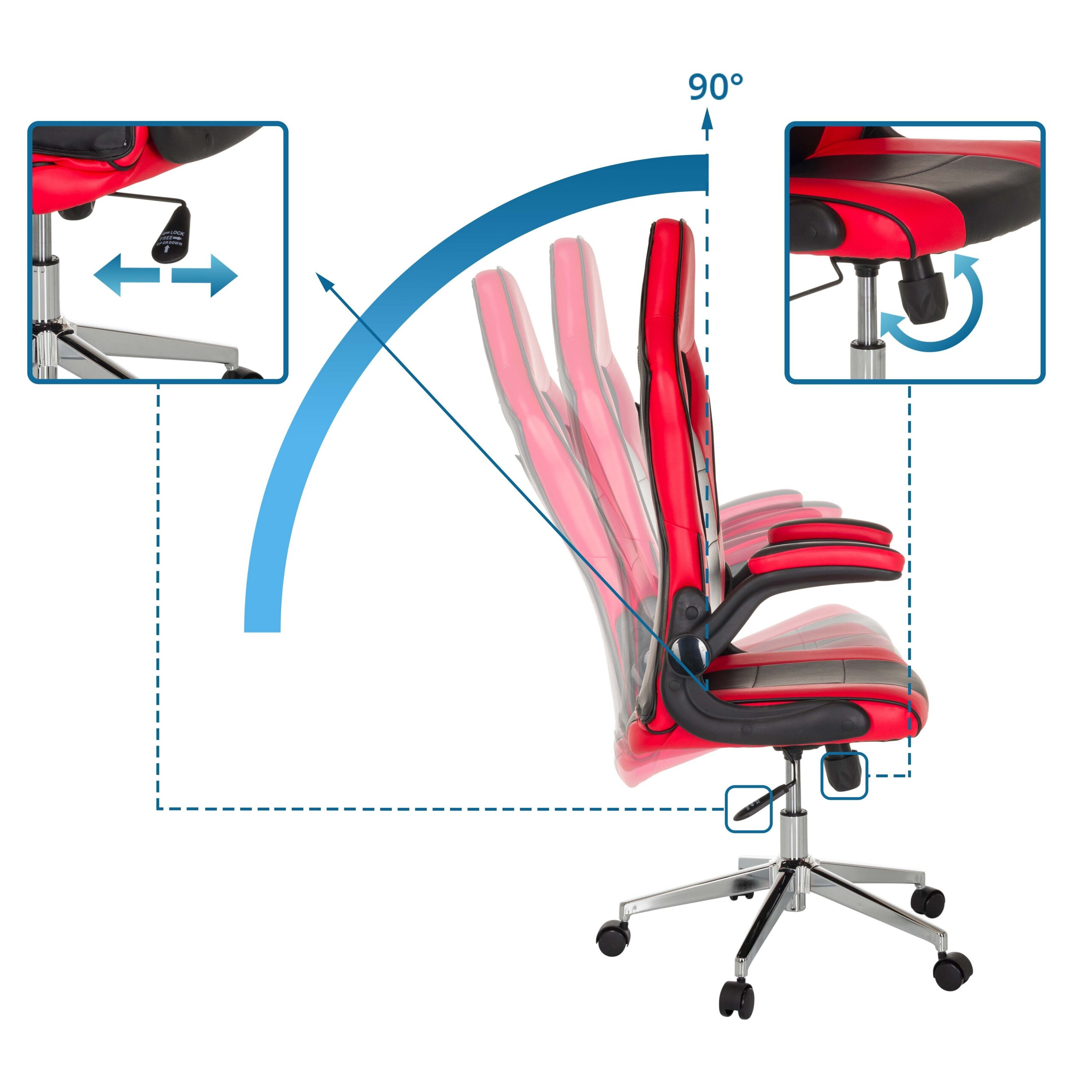 Diagramm zeigt die Neigefunktion und Höhenverstellung eines rot-schwarzen Bürostuhls.