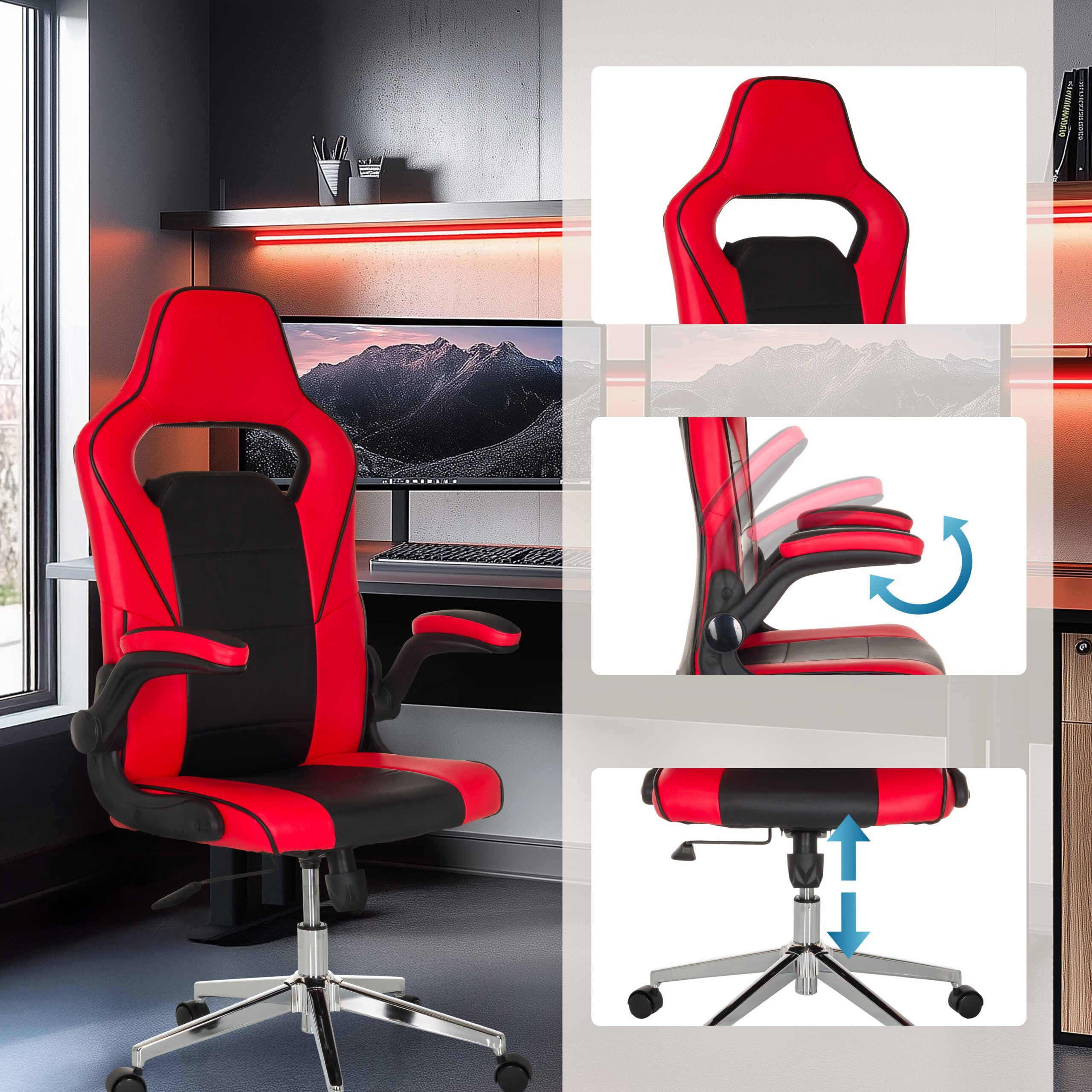 Rot-schwarzer Gaming-Stuhl mit höhenverstellbarem Sitz und Armlehnen vor einem Schreibtisch.