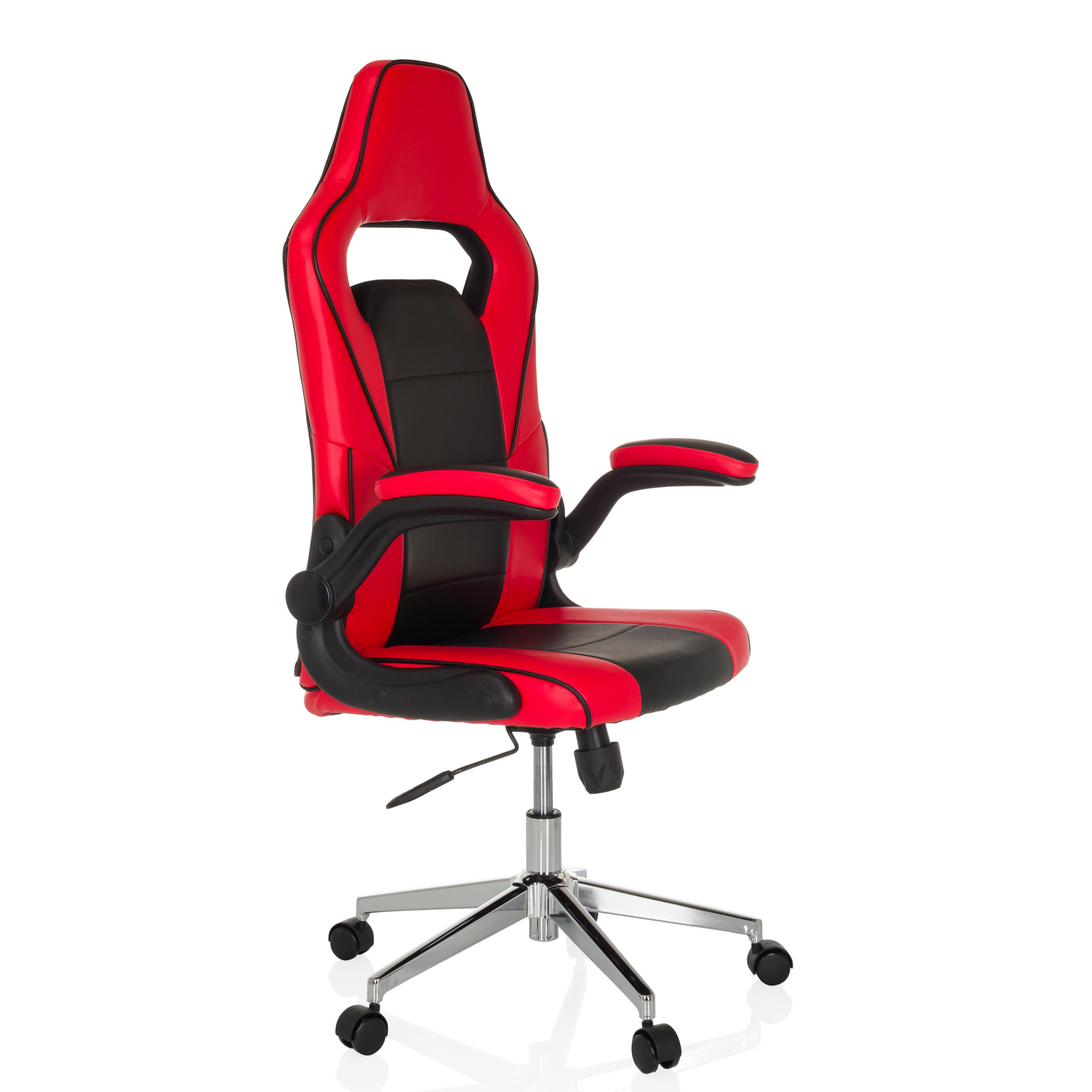 Ein rot-schwarzer ergonomischer Gaming-Stuhl mit Metallbasis und Rollen vor weißem Hintergrund.