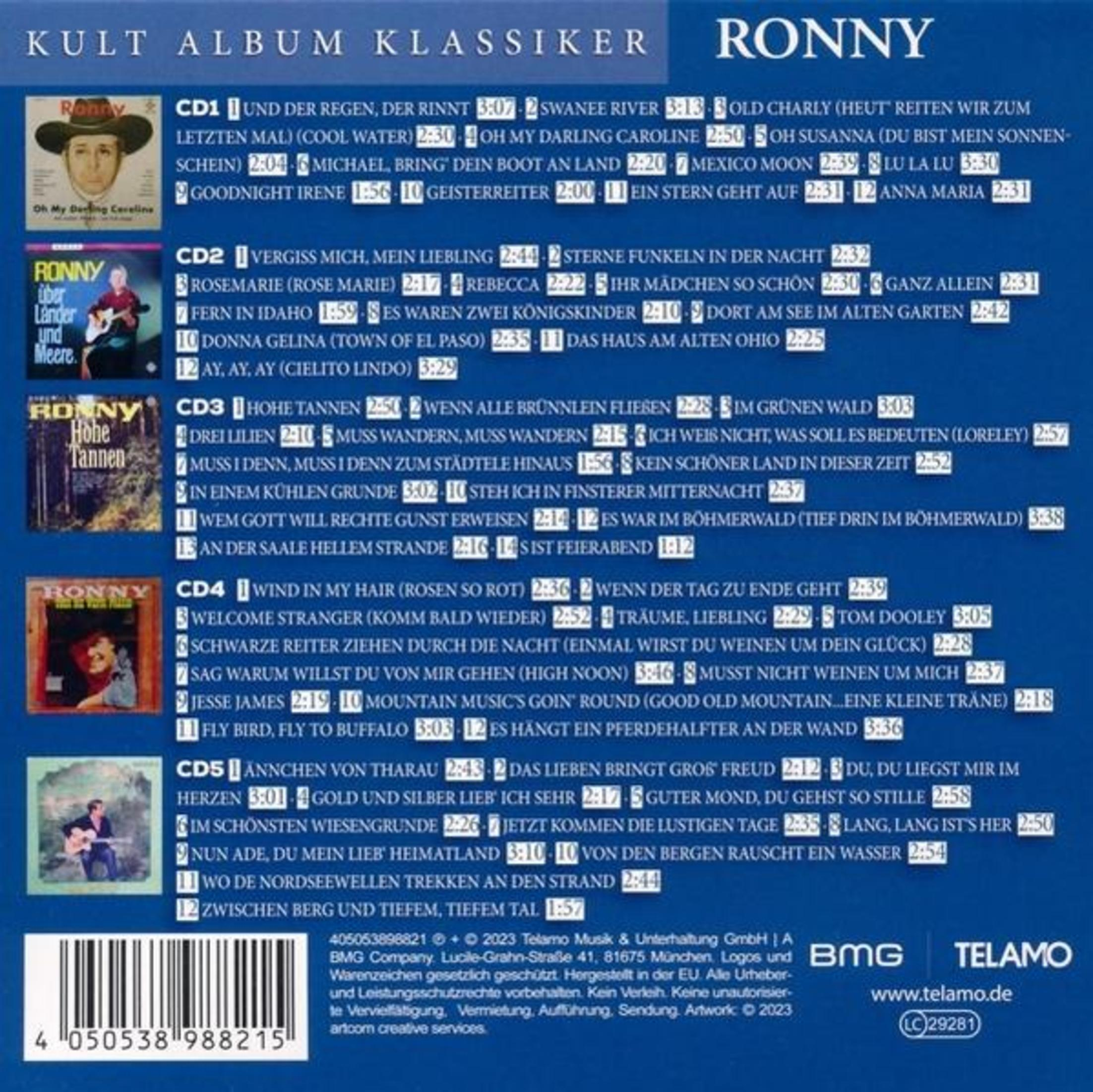 Rückseite einer Musik-CD-Box mit Titellisten für fünf CDs, Bildern von Ronny und dem Label BMG Telamo.