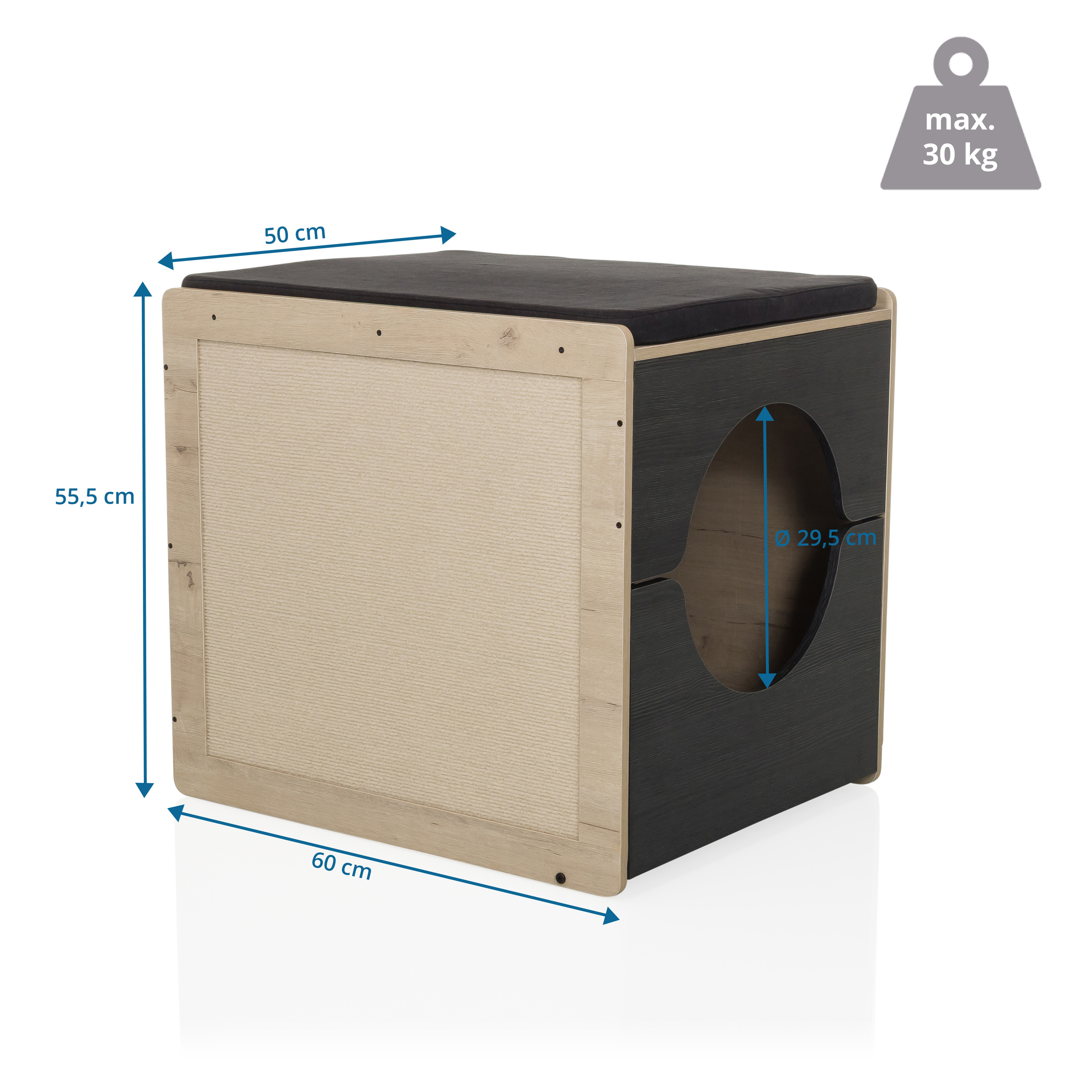 Würfelförmiges Katzenhaus mit Sitzfläche, Maße 60x50x55,5 cm, rundem Eingang, Kratzseite und max. 30 kg Belastbarkeit.