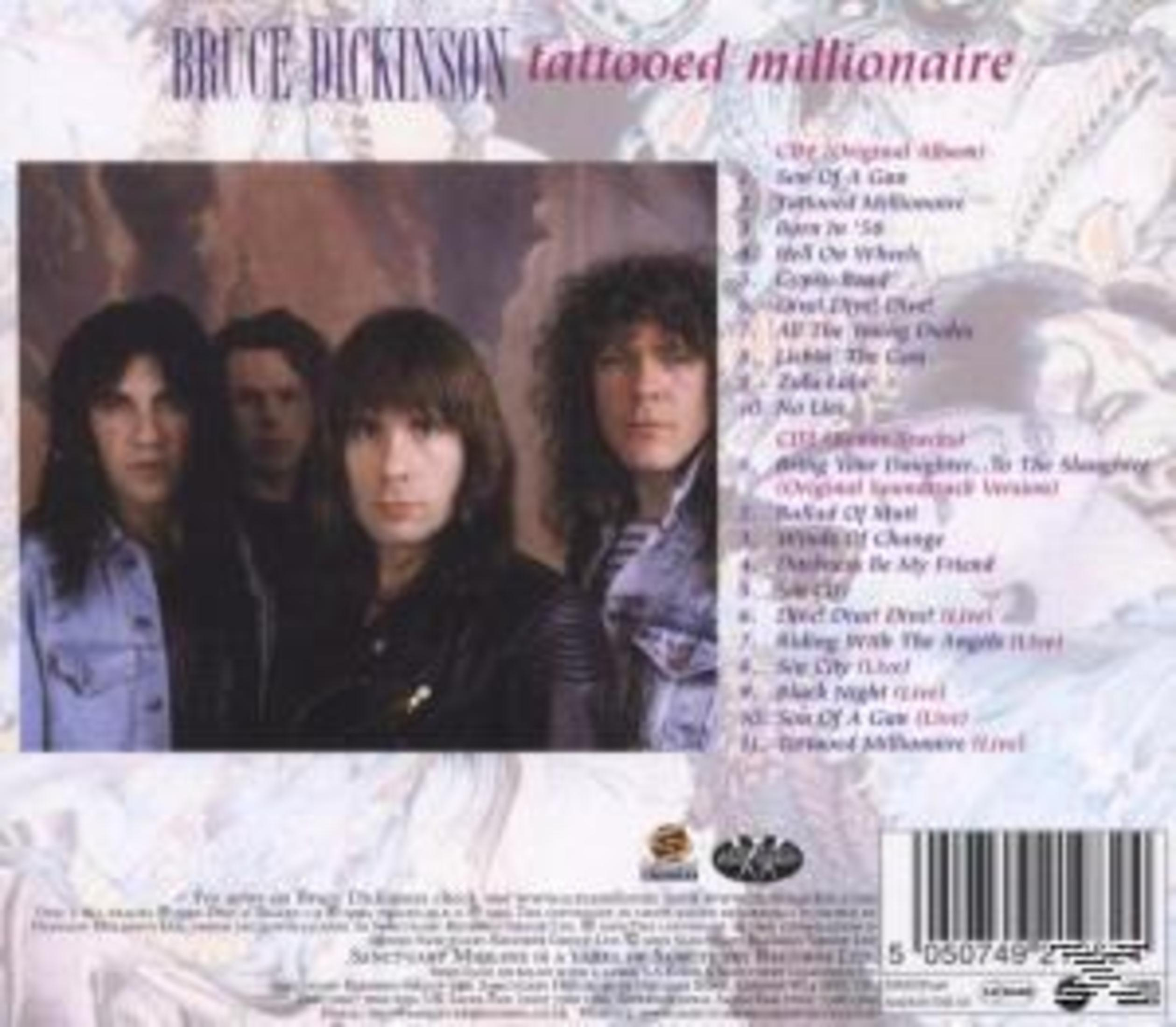 Rückseite des Bruce Dickinson Albums Tattooed Millionaire mit vier Musikern und der Tracklist.