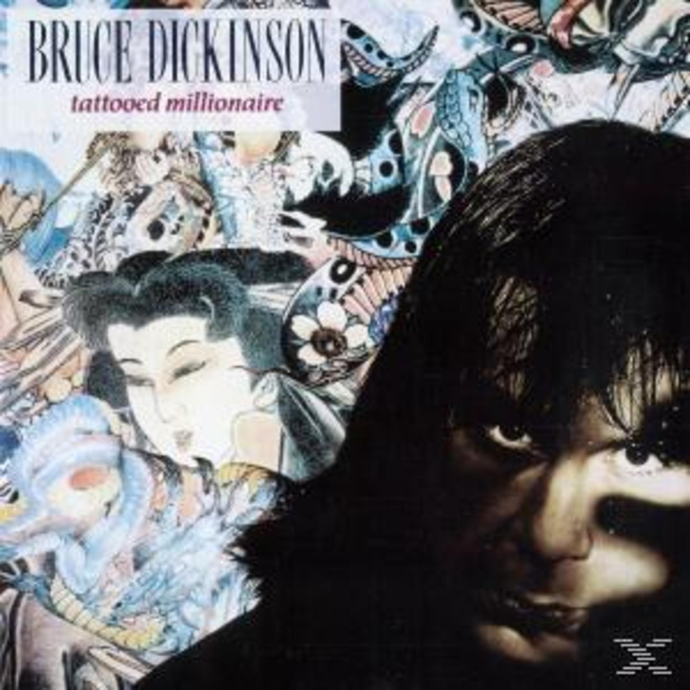 Albumcover von Bruce Dickinson mit Tattooed Millionaire und einem Portrait vor tätowiertem Hintergrund.
