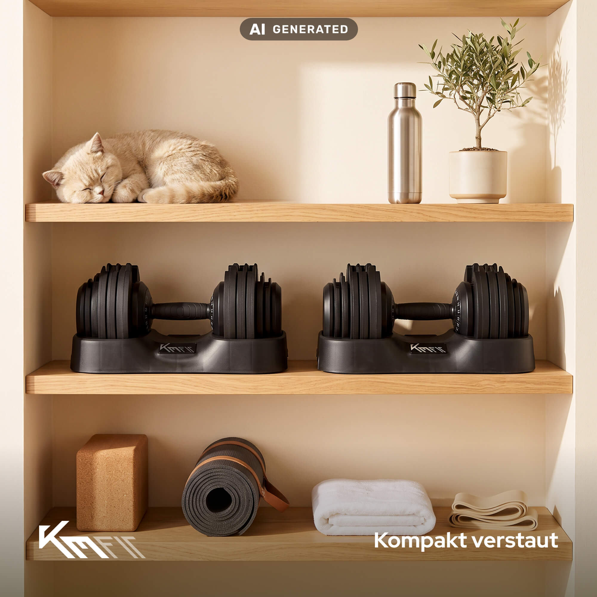 Ein holzfarbenes Regal mit verstellbaren Hanteln, einer schlafenden Katze, einer Yogamatte, Blöcken und Zubehör.