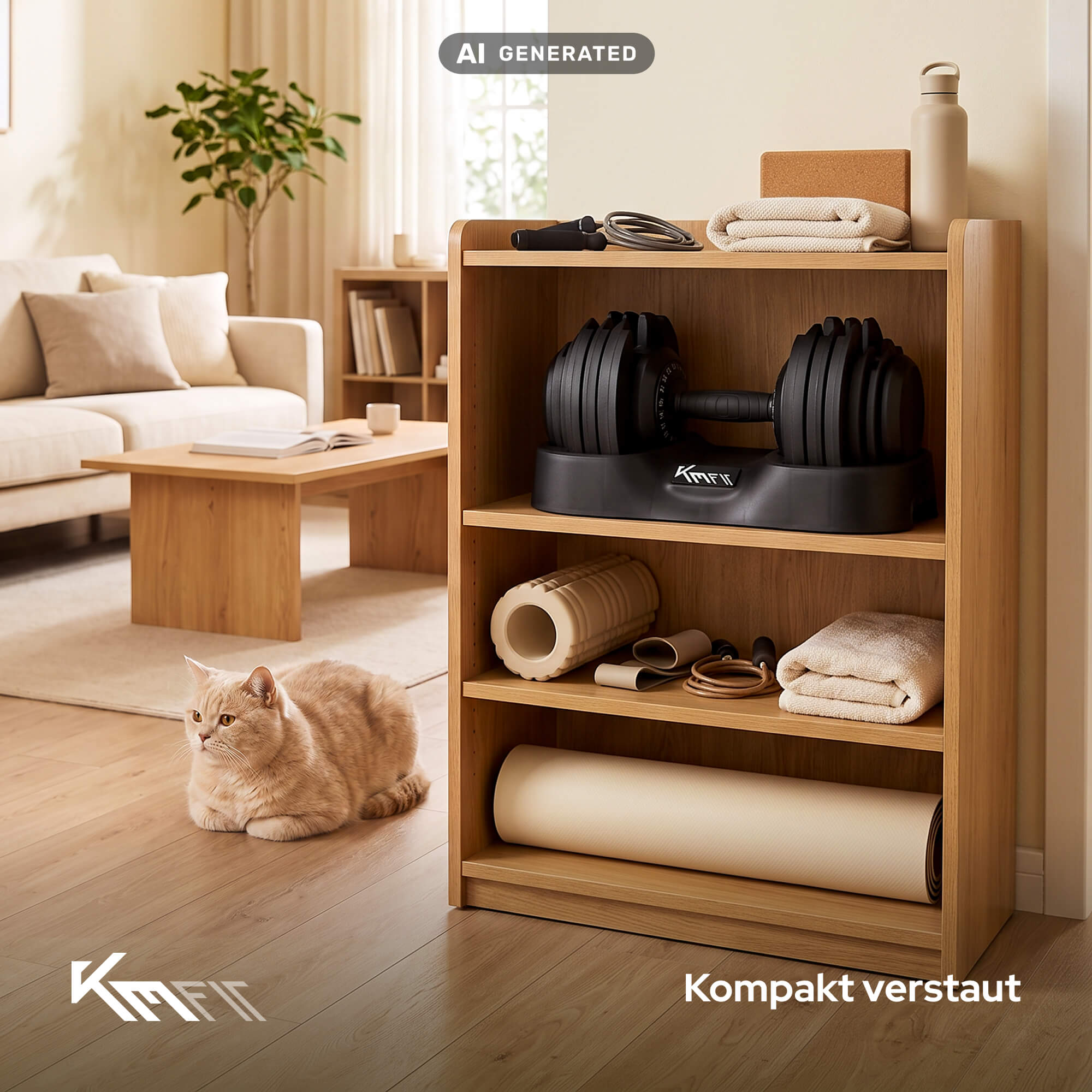 Holzregal mit Fitnessgeräten im Wohnzimmer, ein hellfarbiger Katzen sitzt auf dem Holzfußboden.