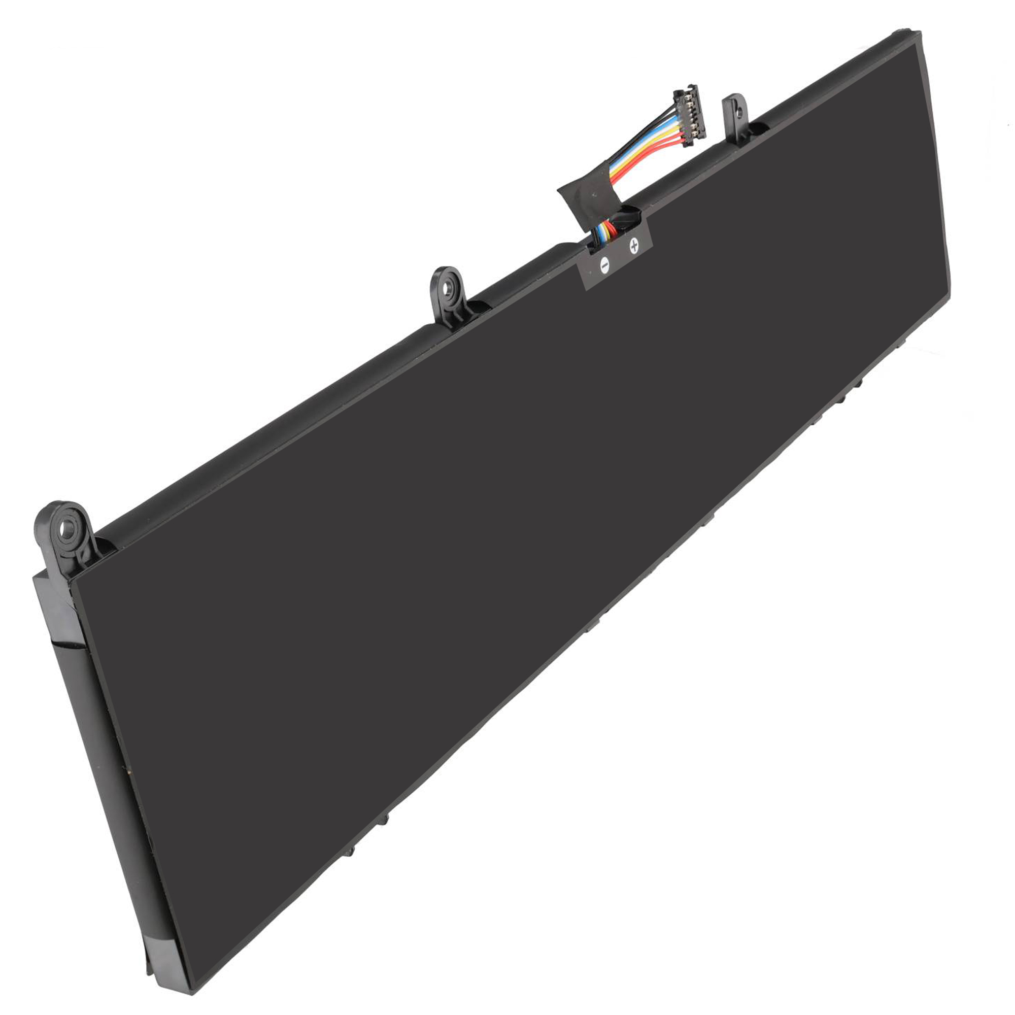 Ein schwarzer interner Laptop-Akku mit Kabel und Stecker auf weißem Hintergrund.