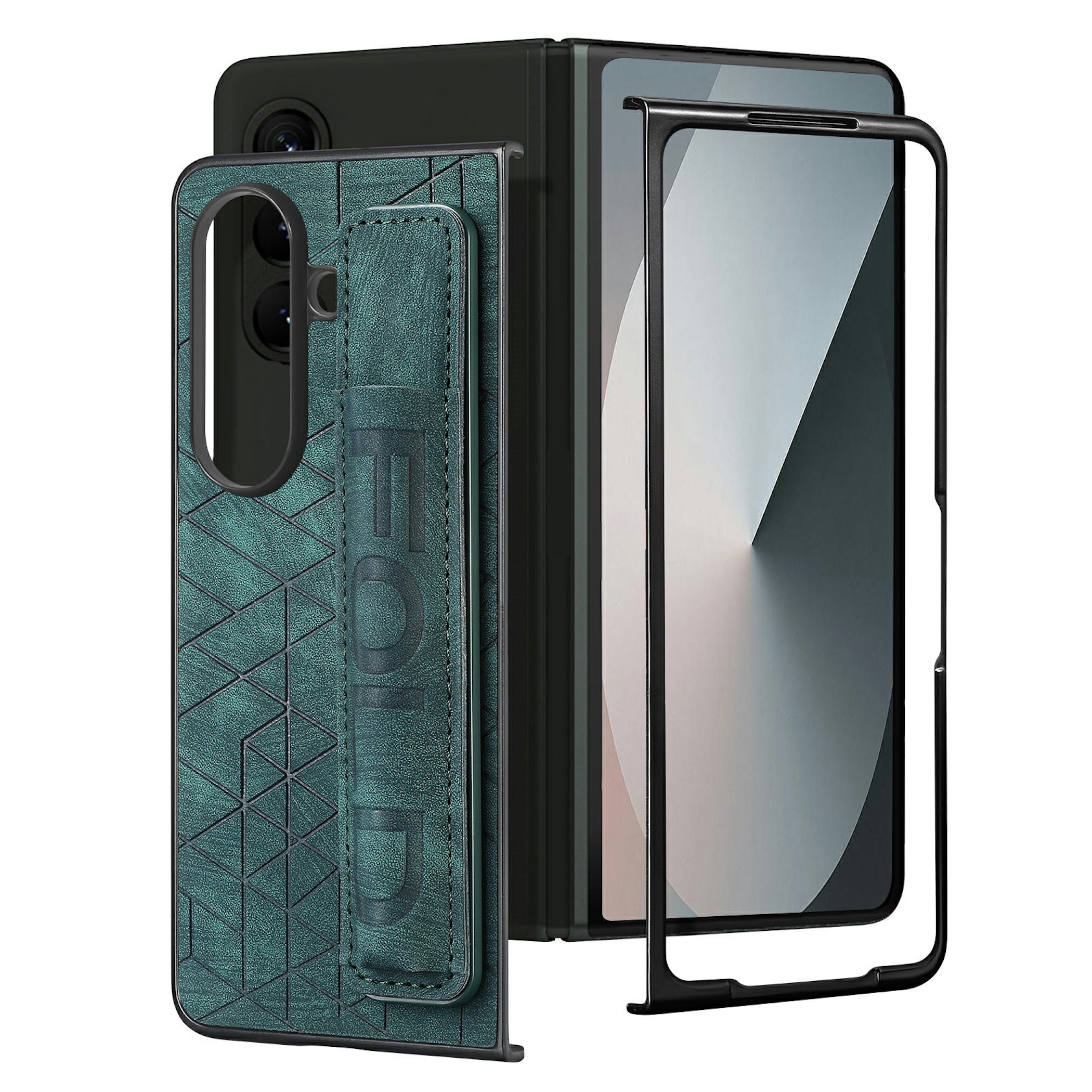 Grüne faltbare Smartphone-Hülle mit geometrischem Muster, Ständer und separatem schwarzen Rahmen.