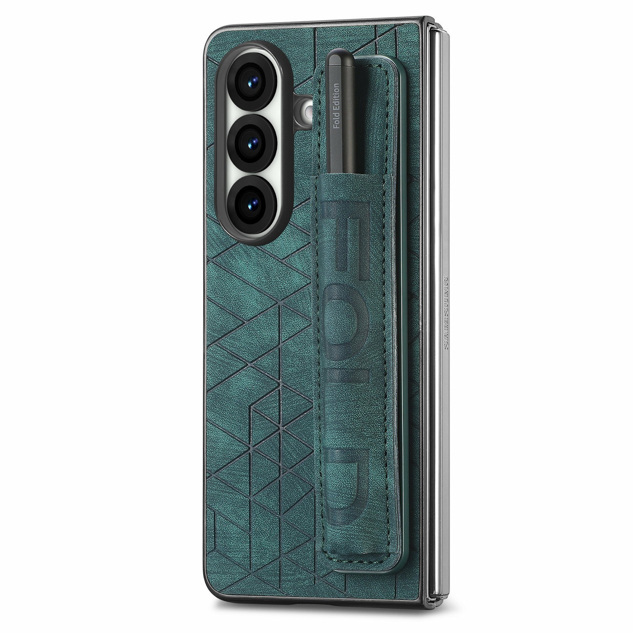 Grünes faltbares Smartphone mit geometrischem Muster, drei Kameralinsen und integrierter Stifthalterung.