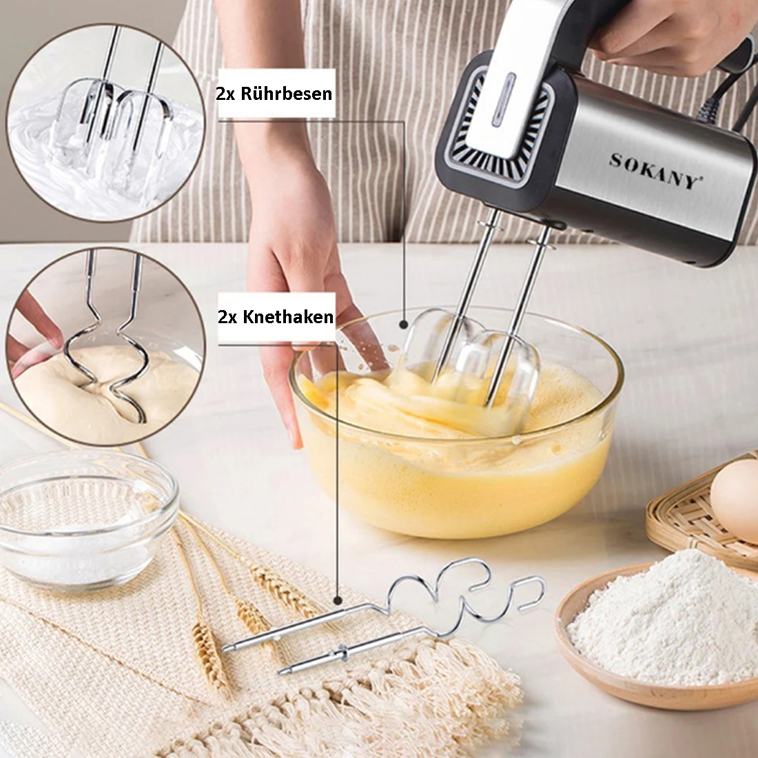 Eine Person benutzt einen Sokany Handmixer für Teig mit Rührer und Knethaken.