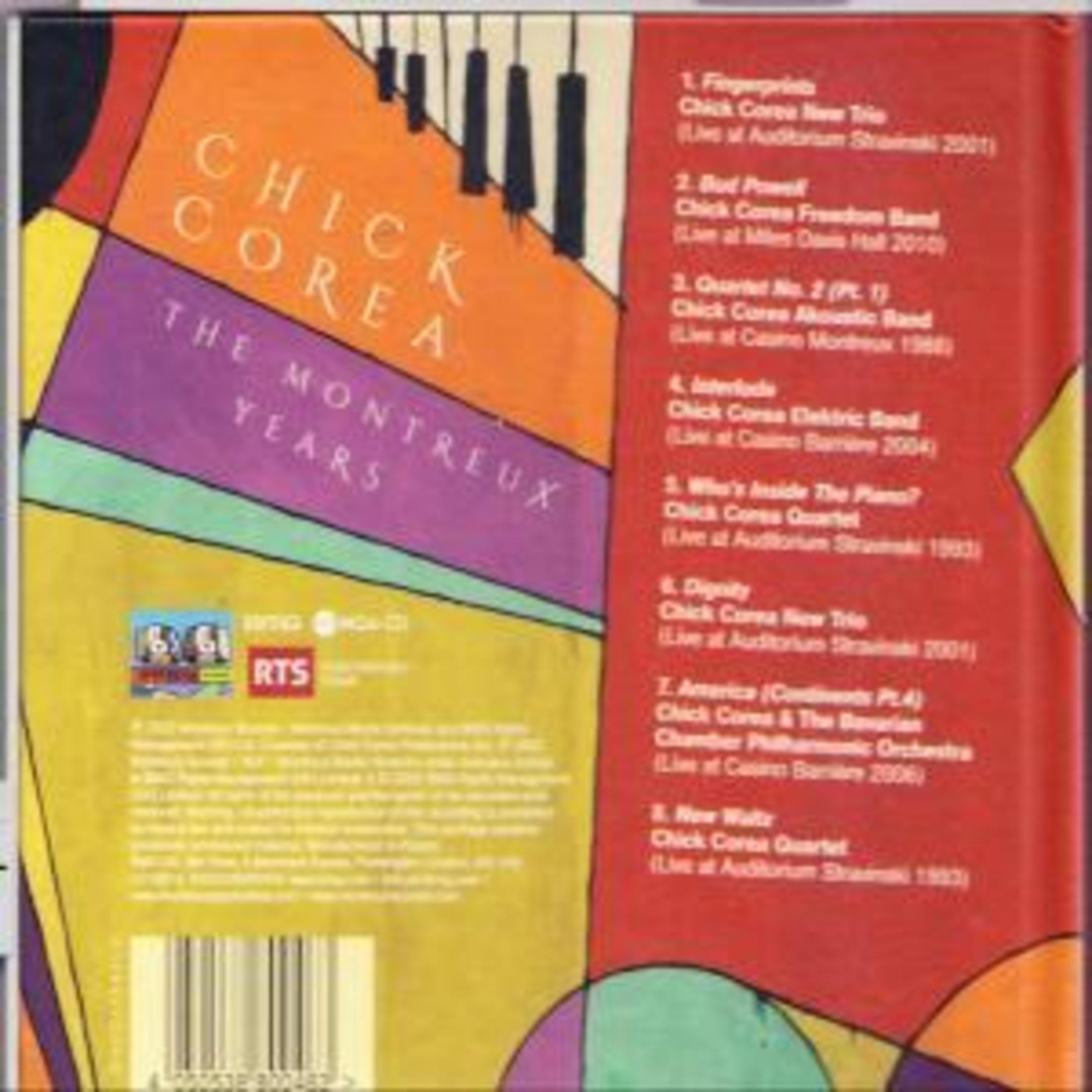 CD-Rückseite für Chick Corea The Montreux Years mit Titelliste auf rotem Hintergrund und bunter abstrakter Kunst.