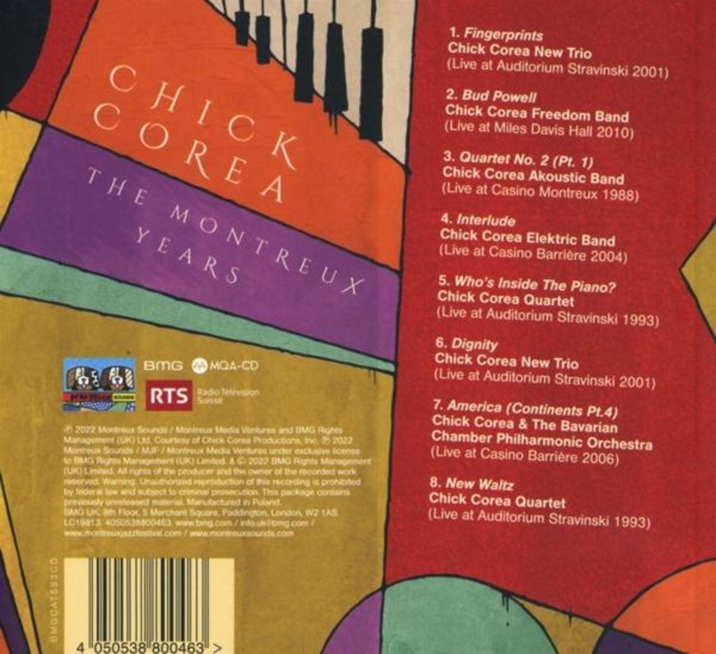 Rückseite des CD-Covers von Chick Corea The Montreux Years mit bunter Grafik und Tracklist.