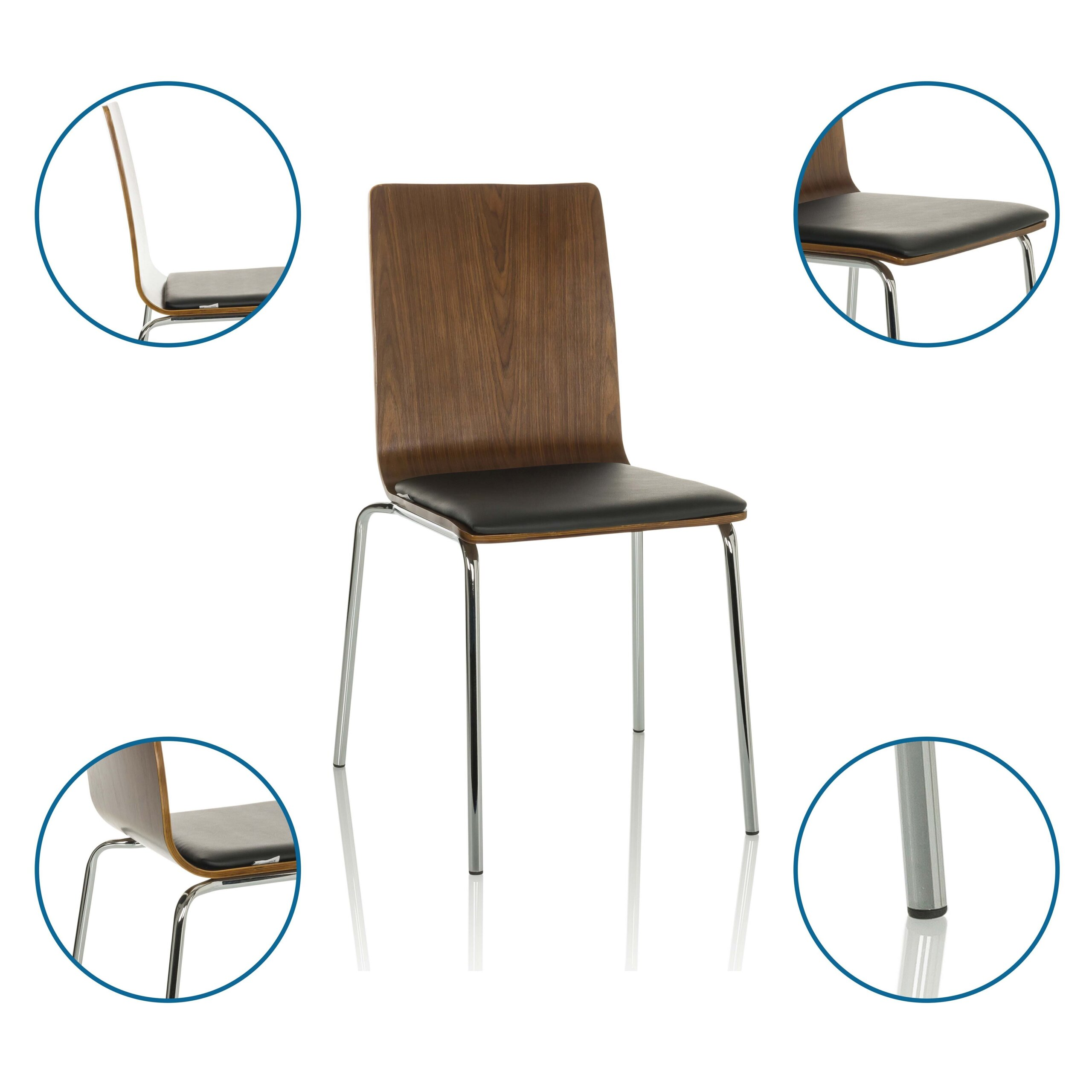 Moderner Stuhl mit Holzrückenlehne, schwarzem Sitz und Metallbeinen, umgeben von Detailaufnahmen.