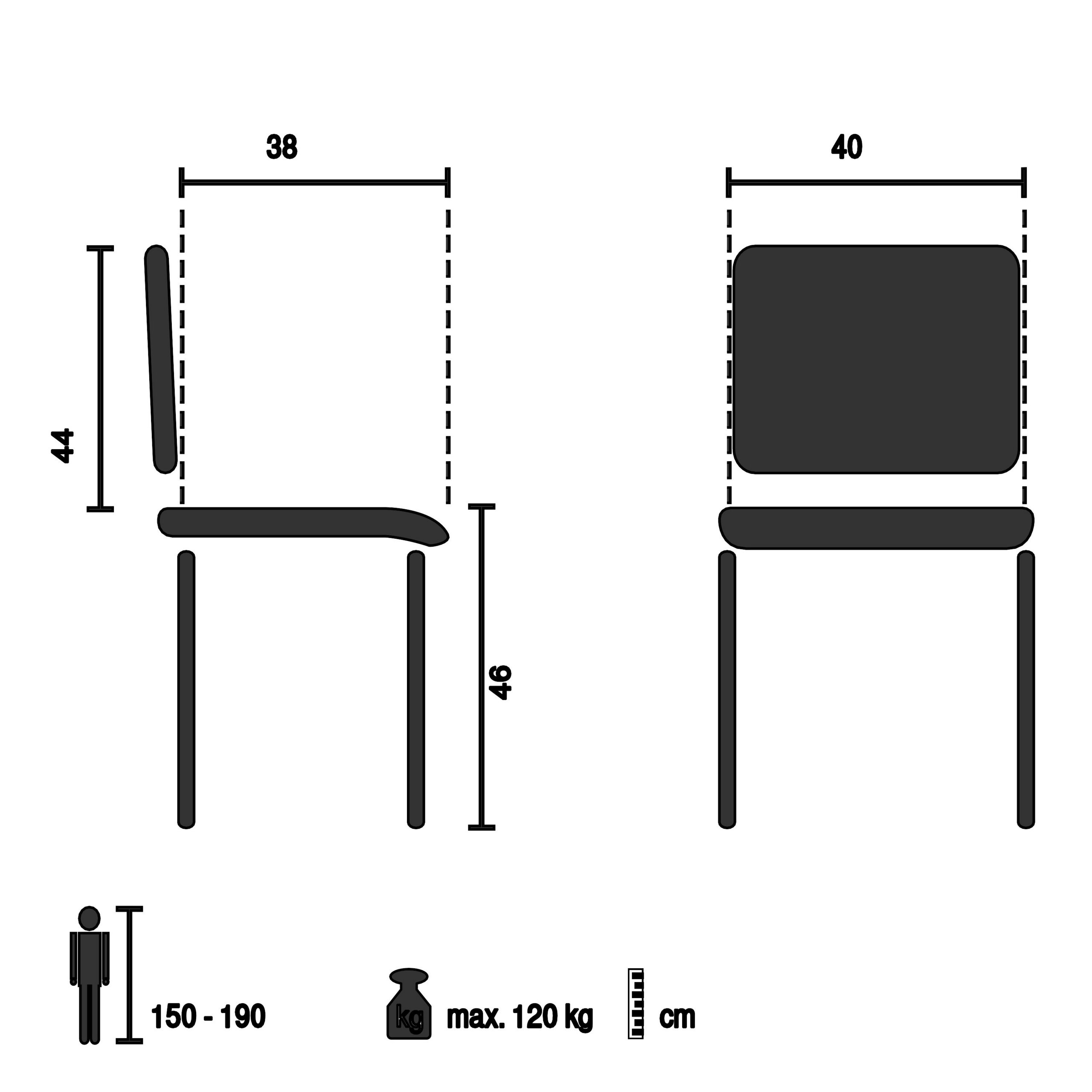 Diagramm zeigt Maße eines Stuhls: 38 cm Breite, 40 cm Tiefe, 44 cm Rückenlehne, 46 cm Sitzhöhe, max. 120 kg.