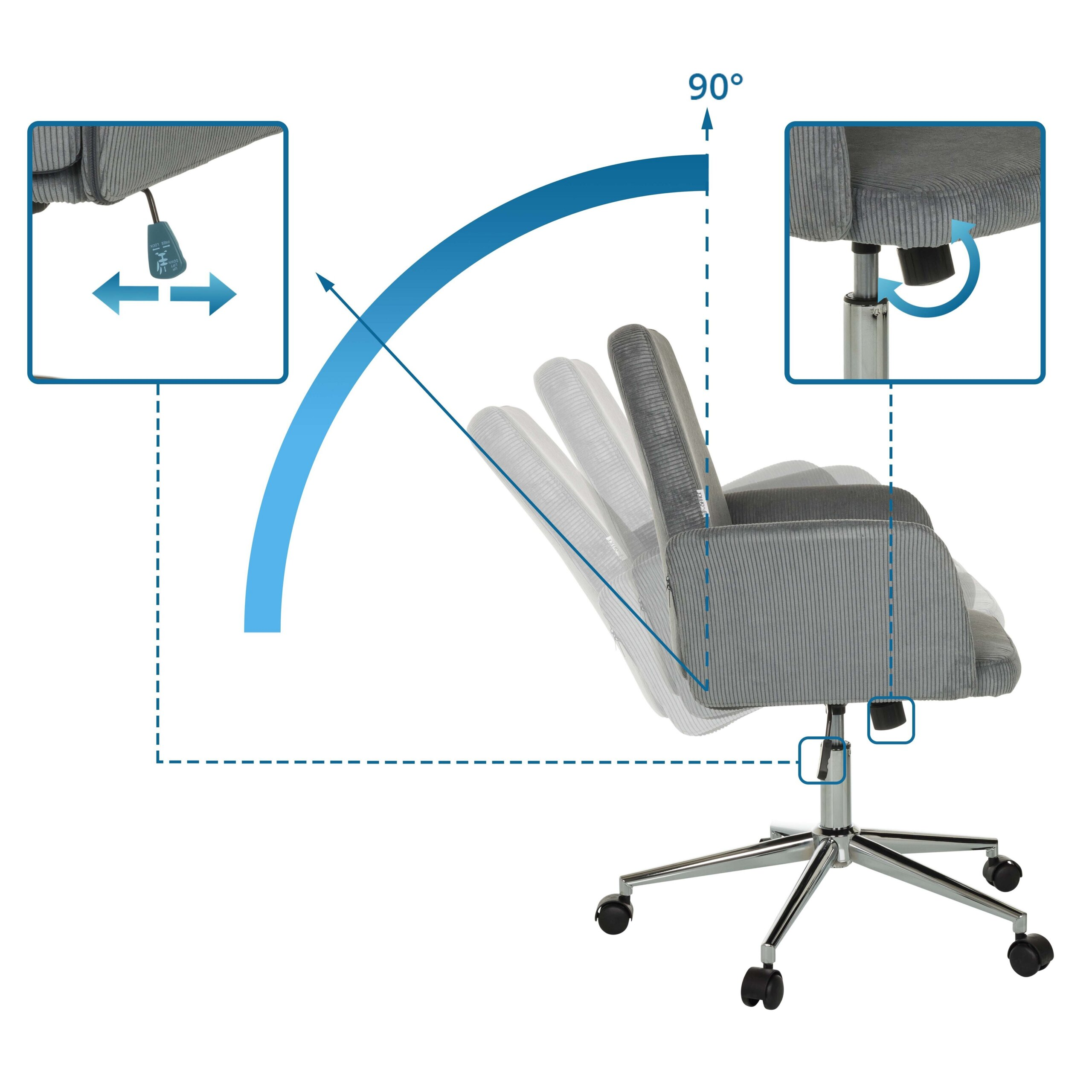 Diagramm zeigt die Neigungs- und Höhenverstellung eines grauen Cord-Bürostuhls.