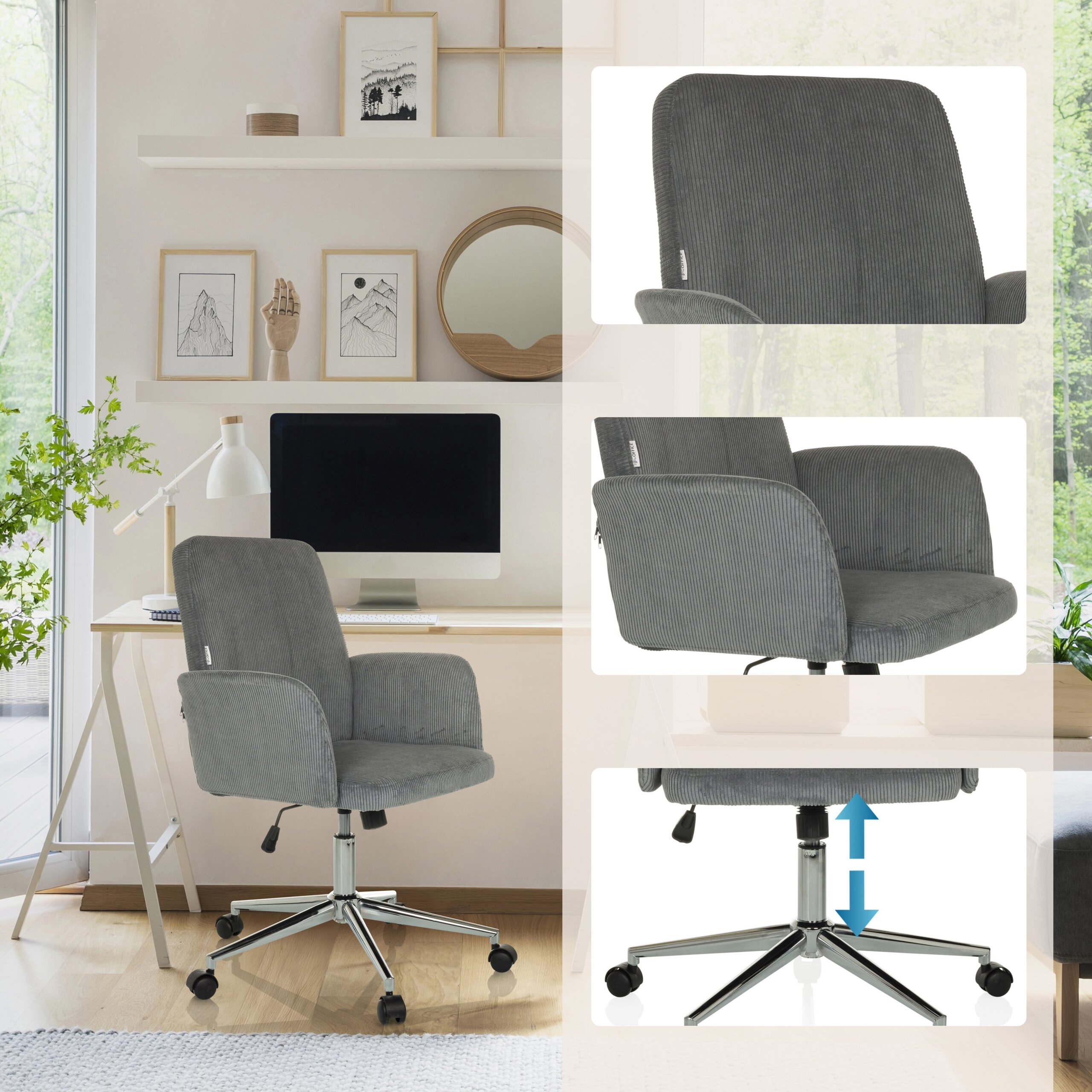 Grauer Bürostuhl mit Kordbezug und Chromgestell im modernen Arbeitszimmer.