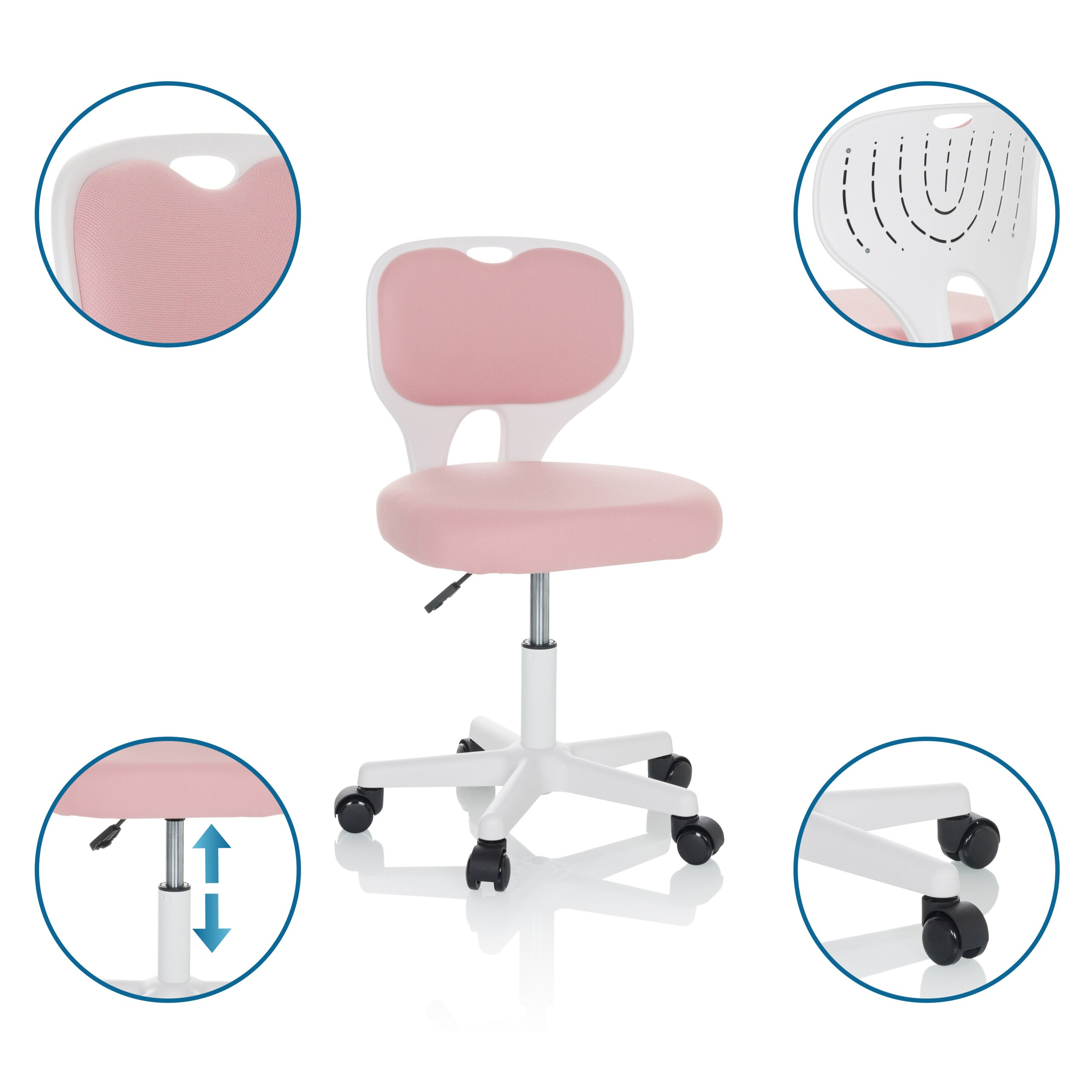 Rosa und weißer ergonomischer Drehstuhl für Kinder mit Rollen und vier Detailkreisen.