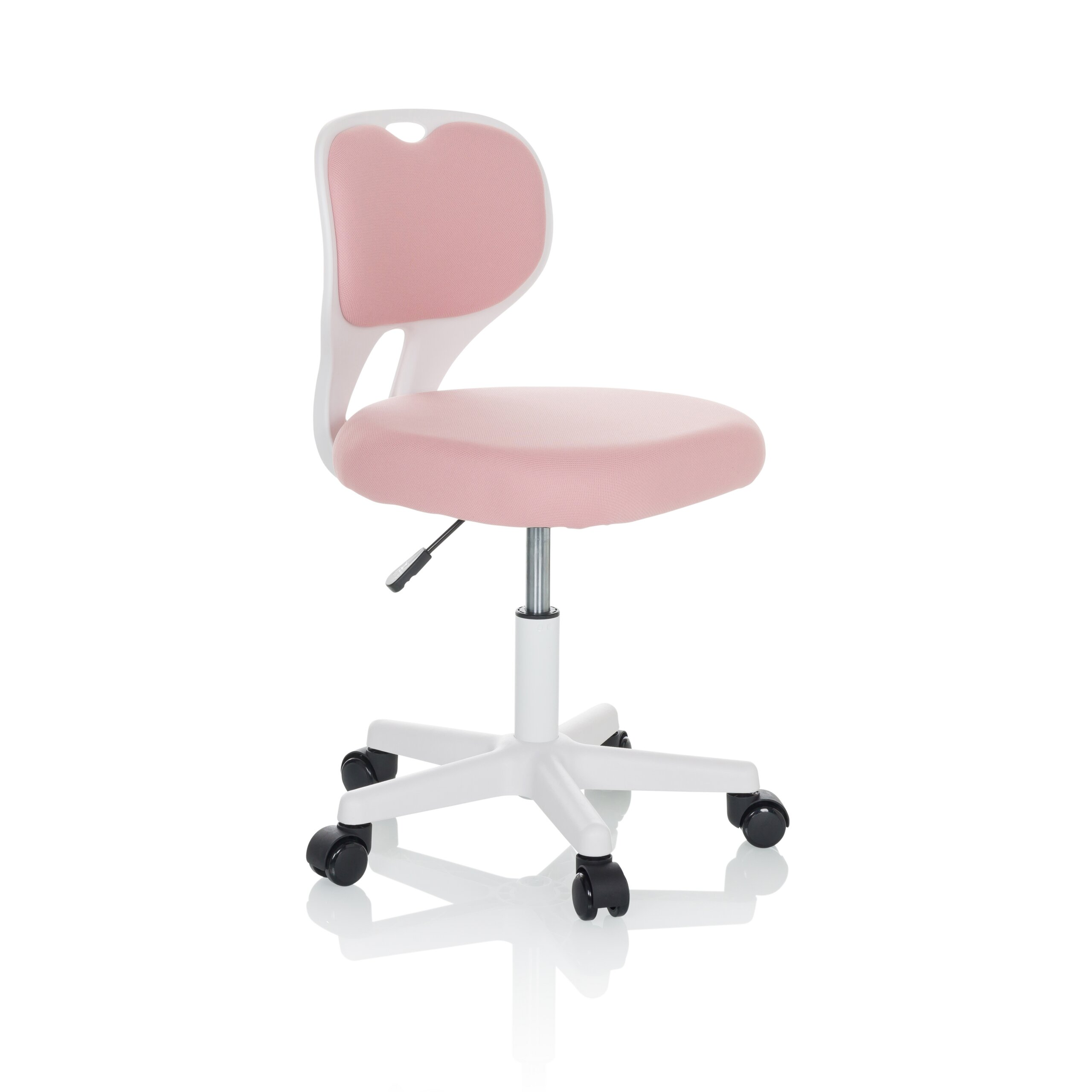 Ein rosa-weißer, verstellbarer Buerostuhl mit Sternfuss und schwarzen Raedern vor weissem Hintergrund.