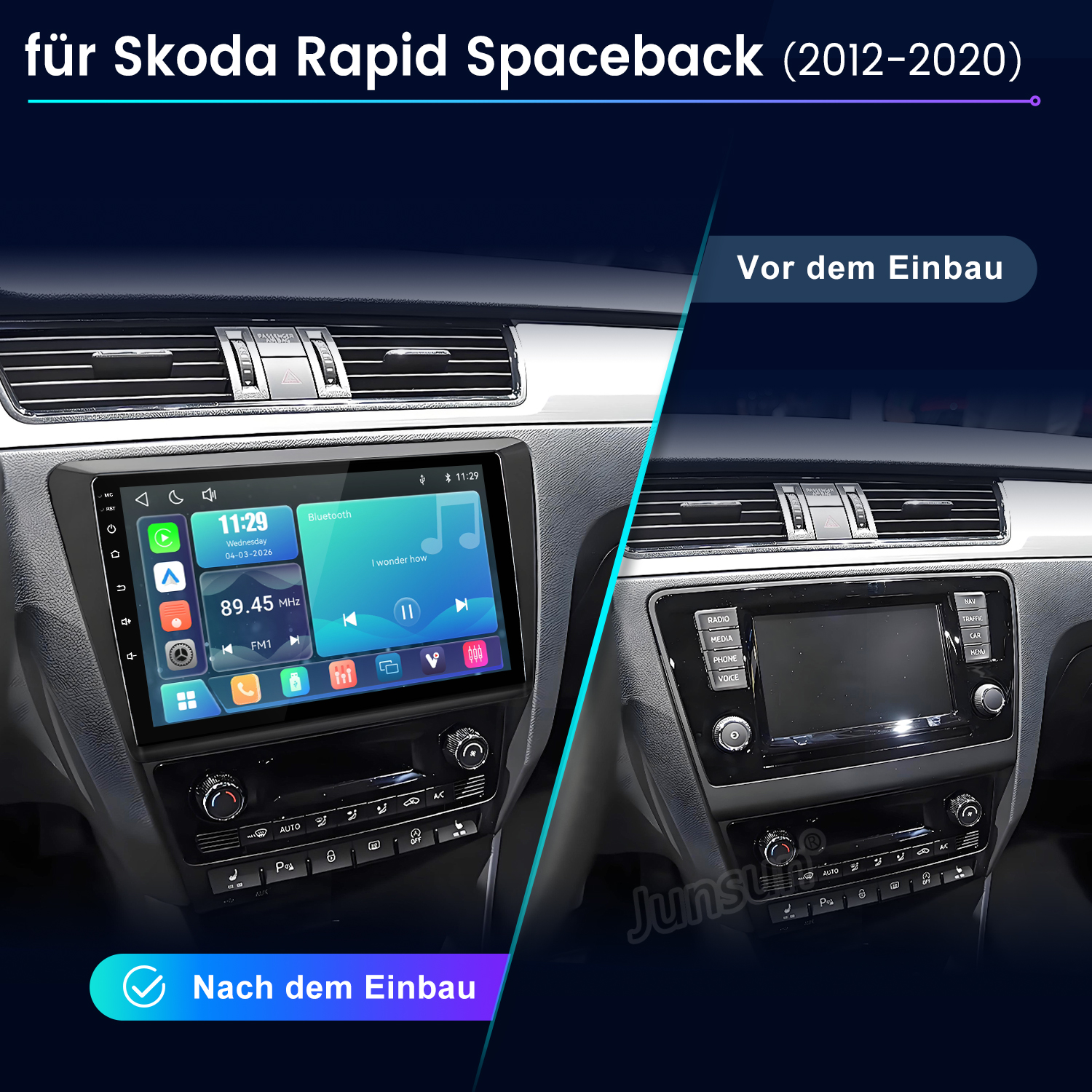 Vergleich Auto-Armaturenbrett vor und nach dem Einbau eines modernen Infotainment-Touchscreen-Radios.
