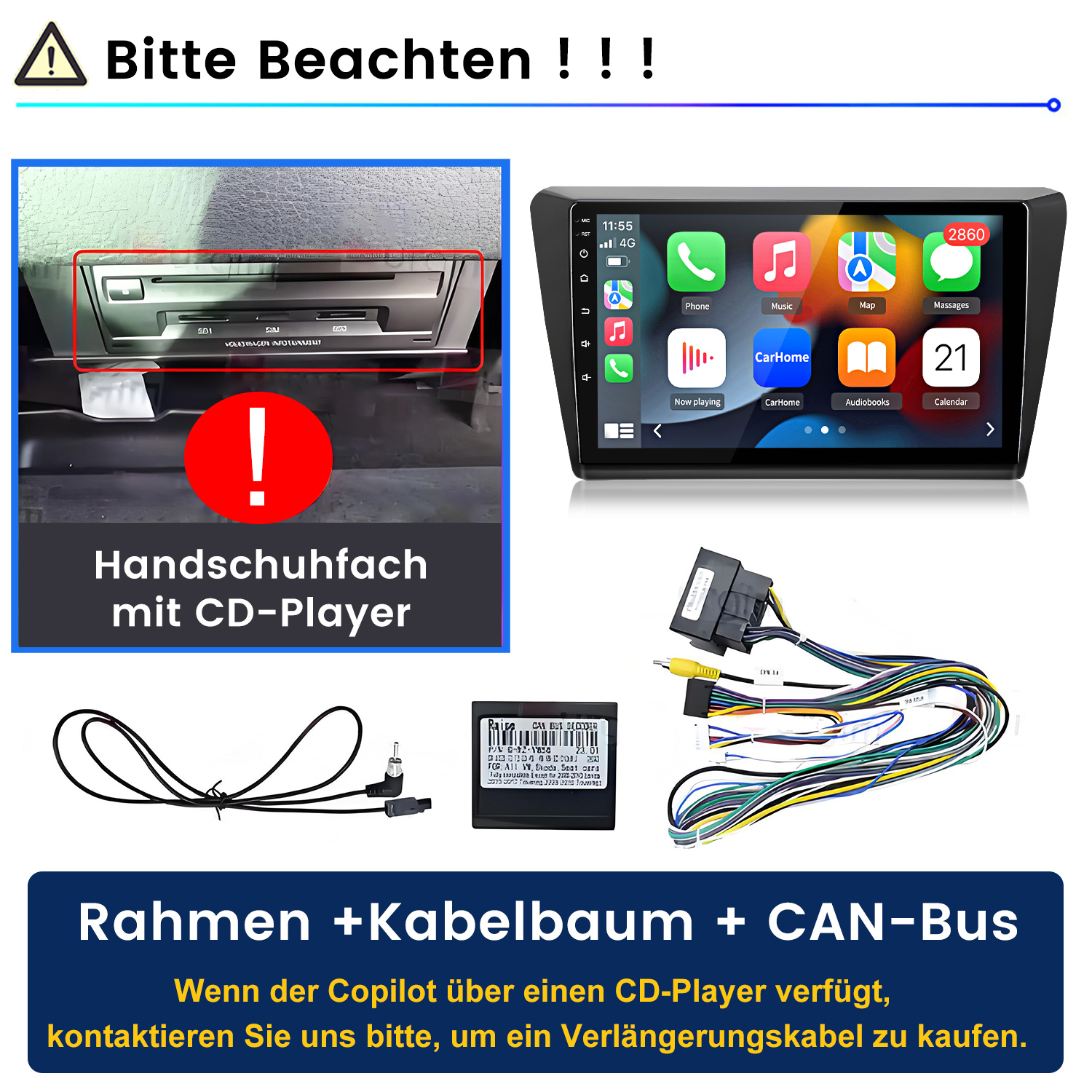 Autoteile-Set mit Touchscreen-Radio, Kabelbaum, CAN-Bus, Antenne und CD-Player-Hinweis für das Handschuhfach.