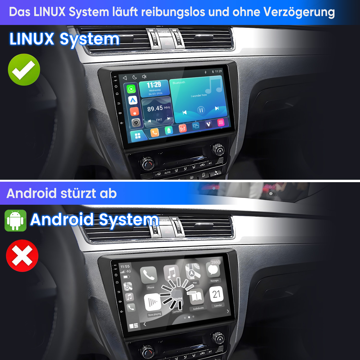 Vergleich von Autoradio-Displays: Linux läuft reibungslos, Android stürzt ab.