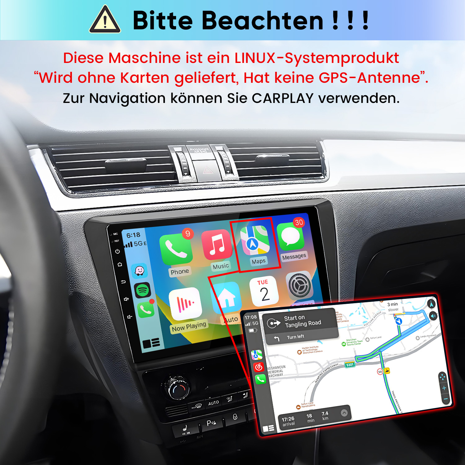 Ein Carplay-Display in einem Auto mit deutscher Warnmeldung oben.