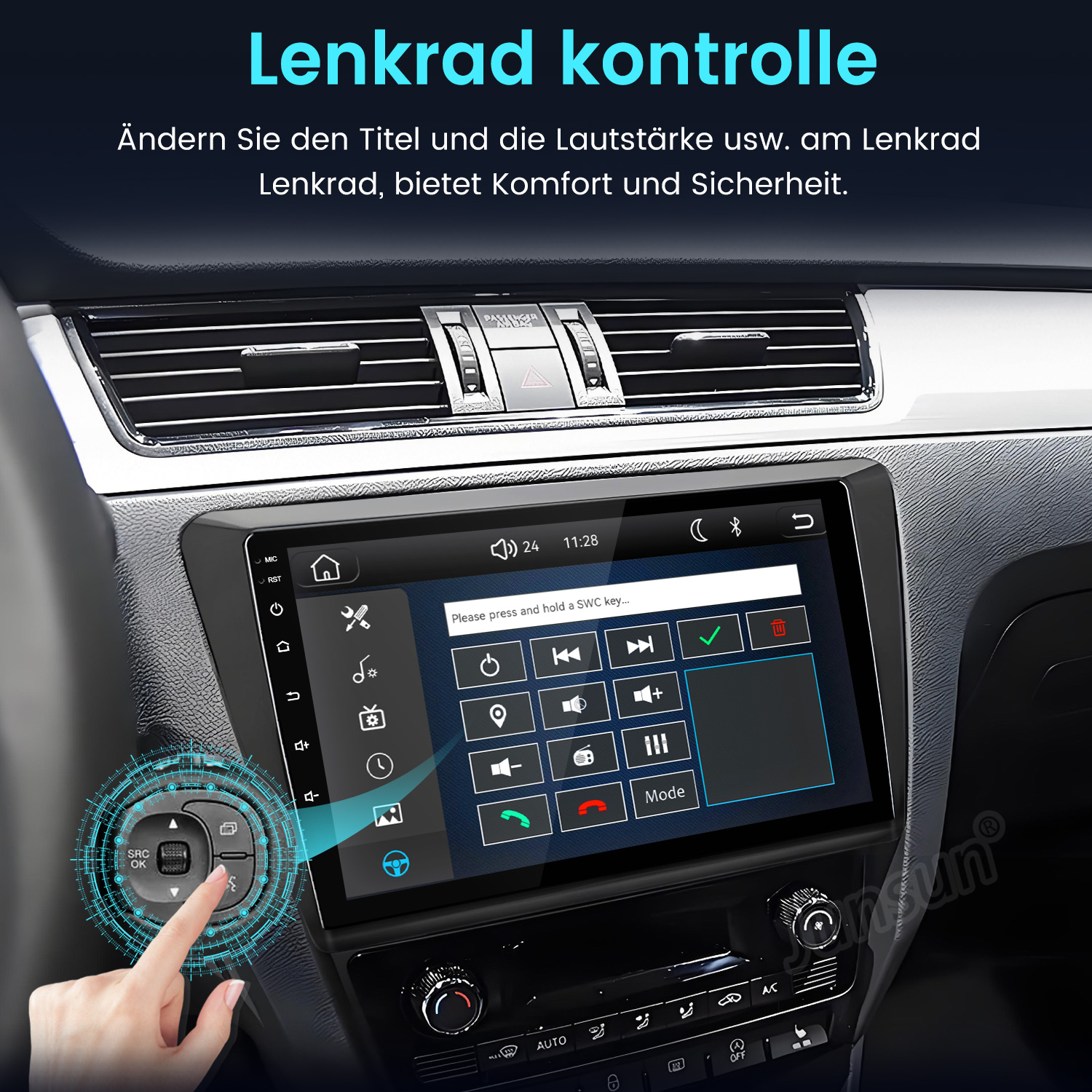 Autoinnenraum mit Touchscreen und Lenkradsteuerung für Medien und Anrufe.