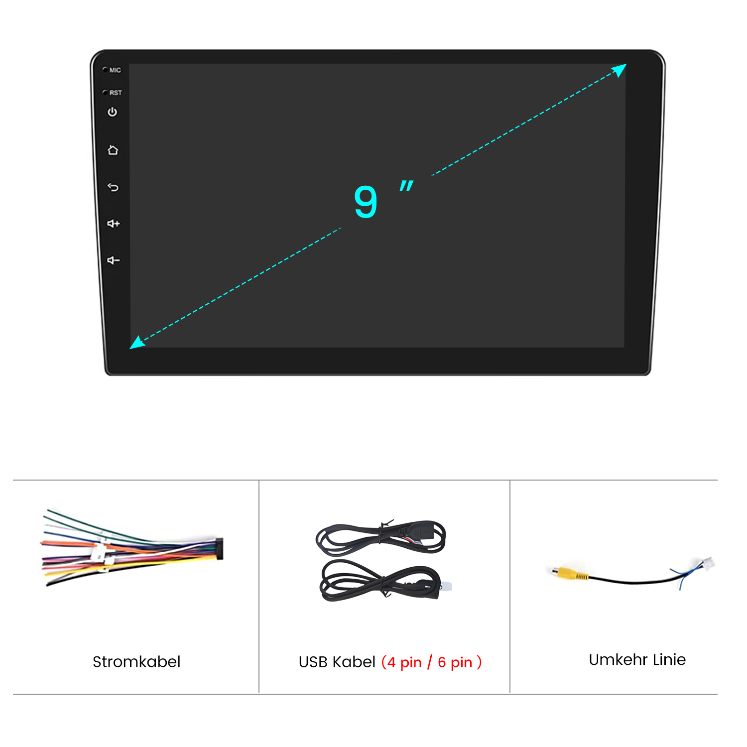 9-Zoll-Autoradio-Bildschirm mit Stromkabel, USB-Kabel und Rückfahrkabel.