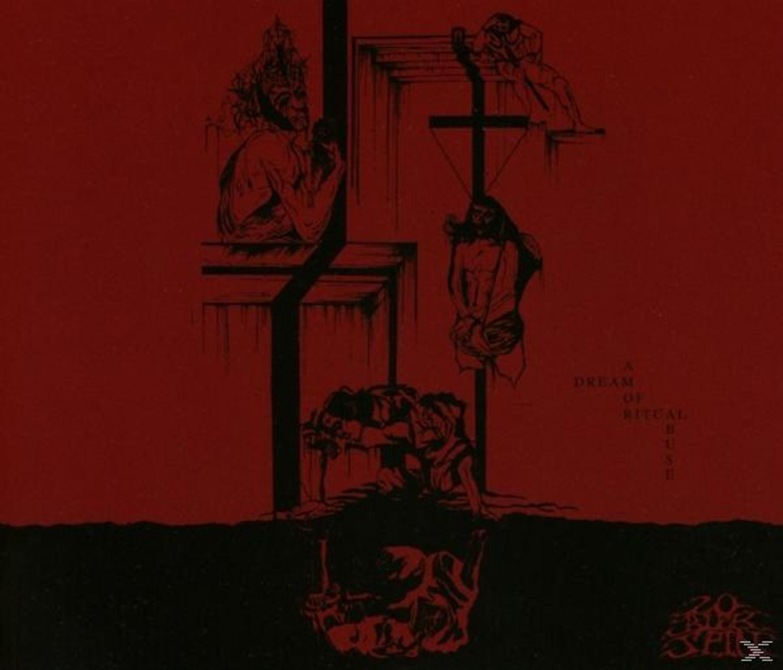 Eine düstere schwarz-rote Illustration zeigt gequälte menschliche Figuren in einer surrealen, albtraumhaften Szene.