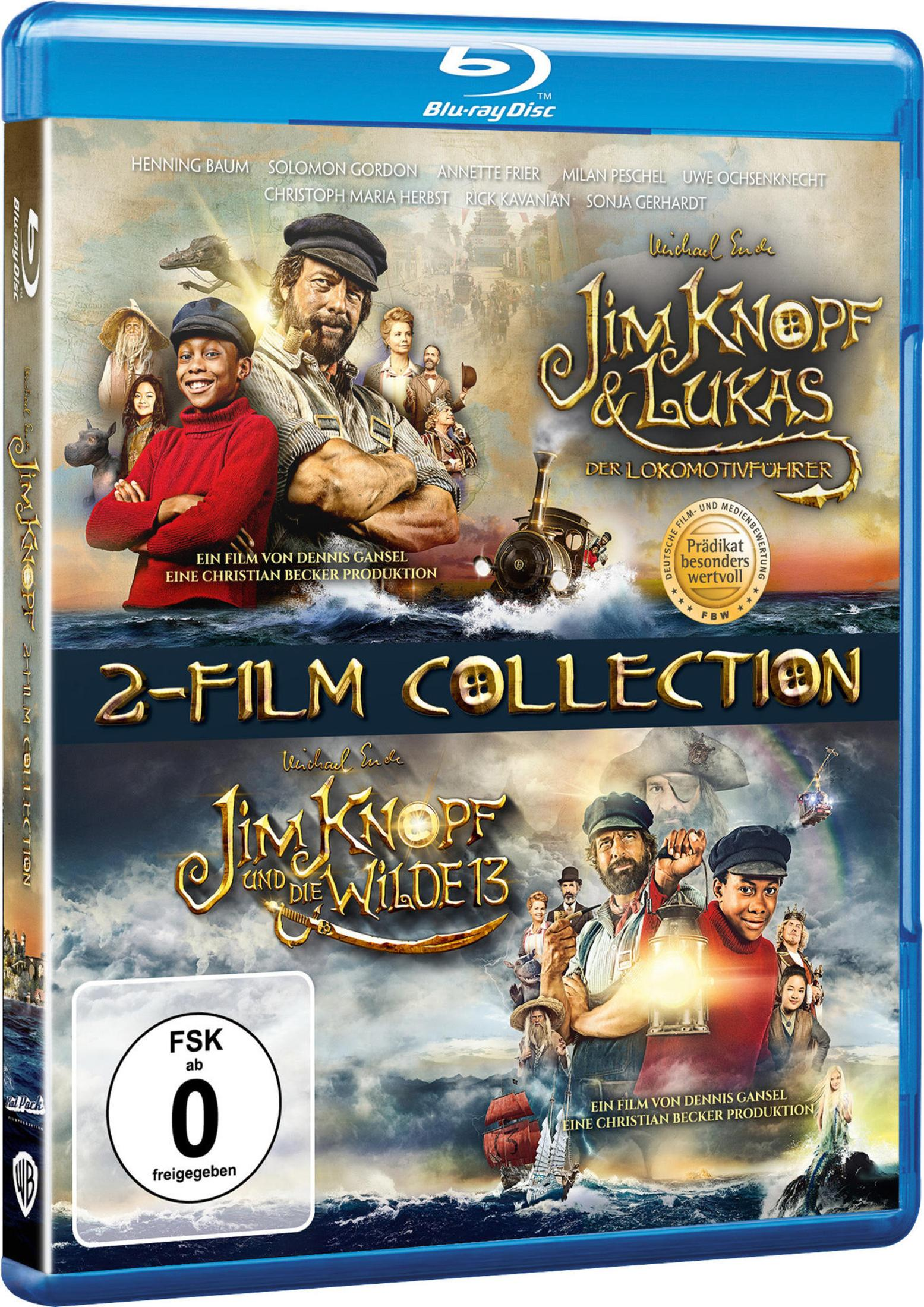 Blu-ray-Hülle der Jim-Knopf-2-Film-Collection mit Jim, Lukas und Charakteren aus den Filmen vor Meereskulisse.