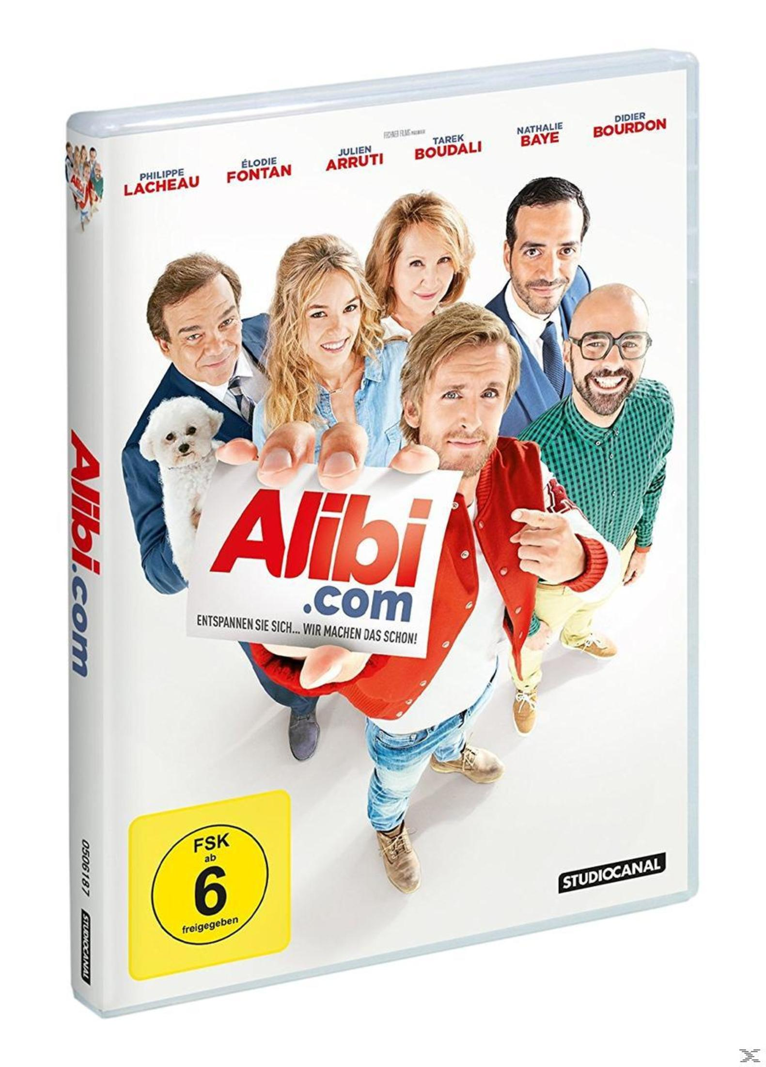 DVD-Cover von Alibi.com mit lächelnden Darstellern und einer Visitenkarte.