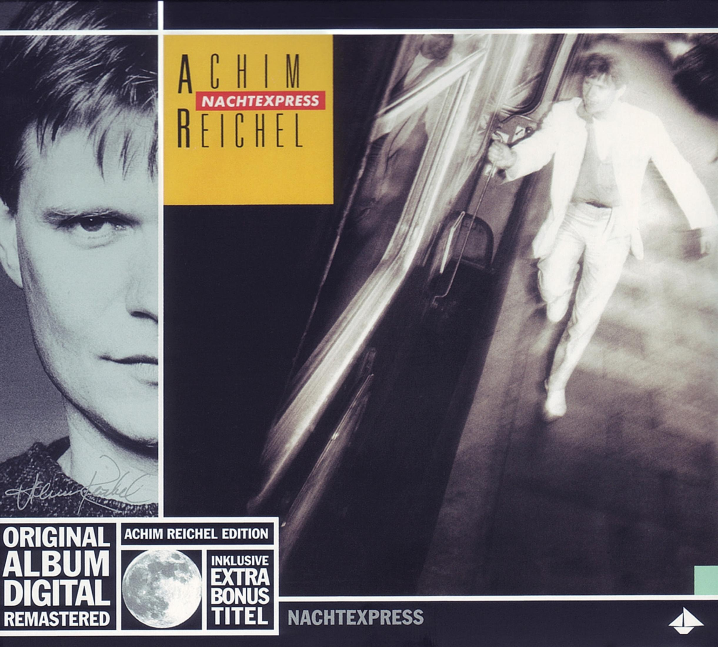 Albumcover von Achim Reichel Nachtexpress mit Mannenporträt und Mann der vor Zug läuft.