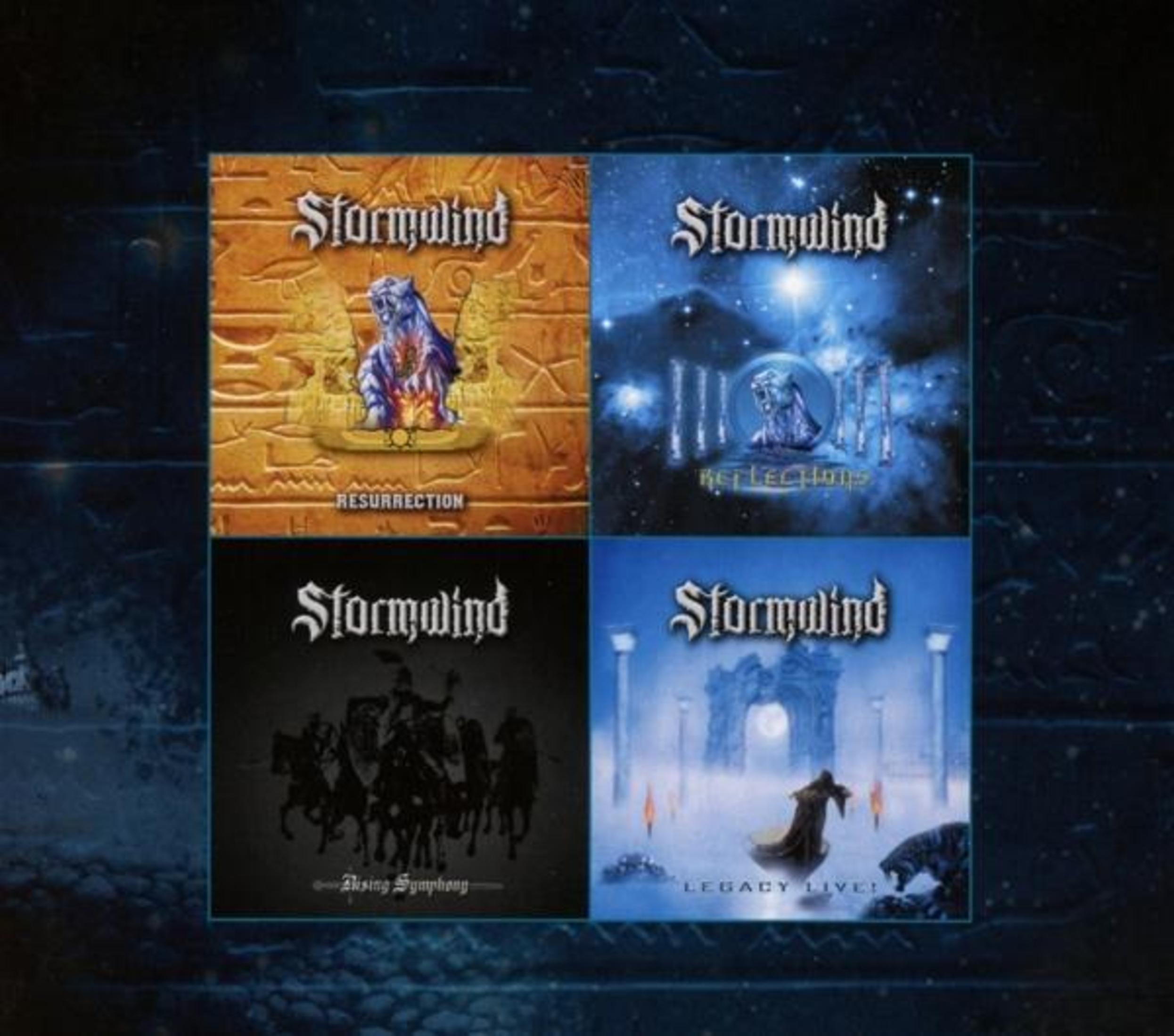 Vier Stormwind-Albumcover arranged on a blue, textured background.